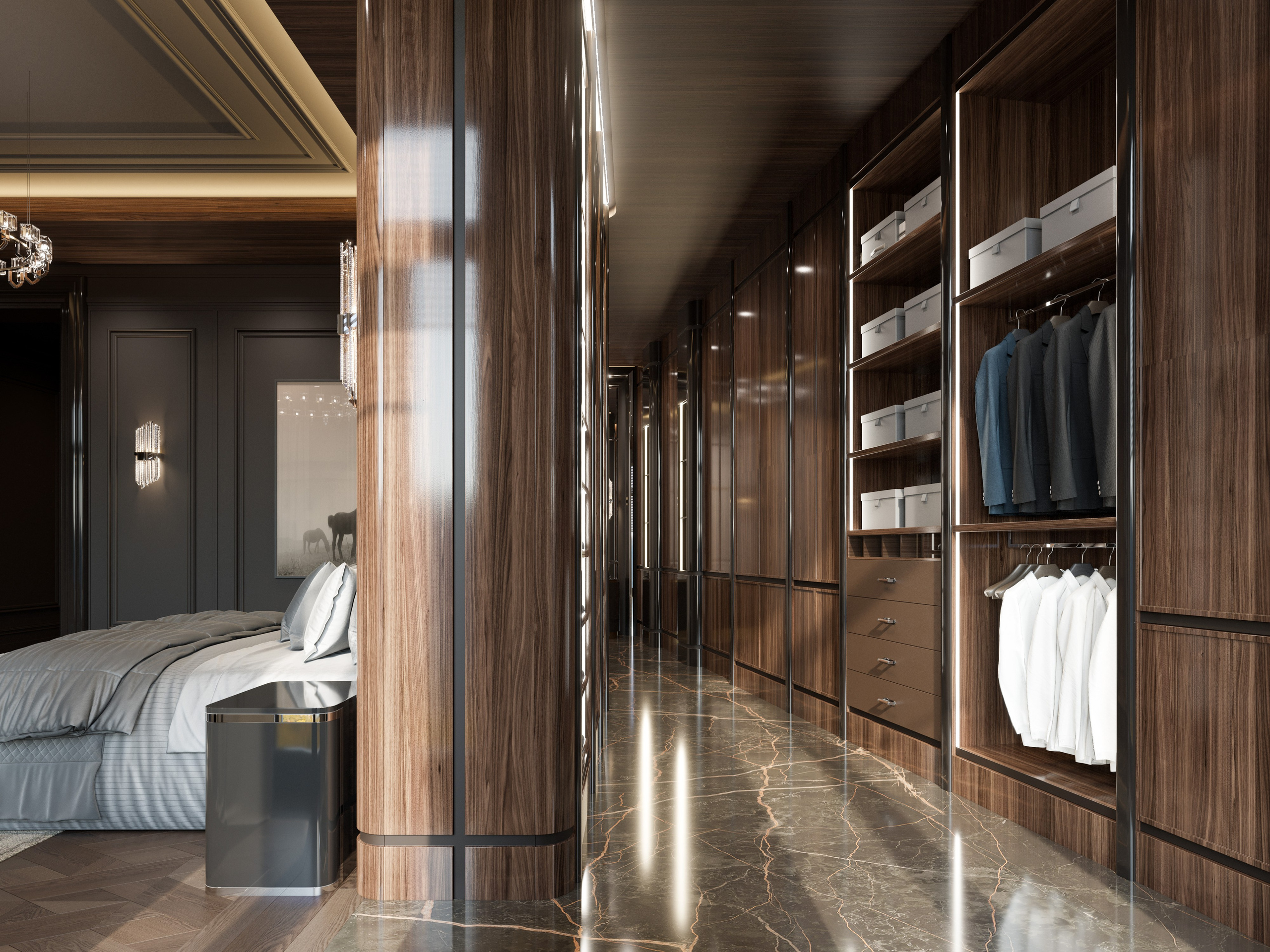 3D визуализация гардеробной в мужской спальне с деревянными шкафами в современном стиля