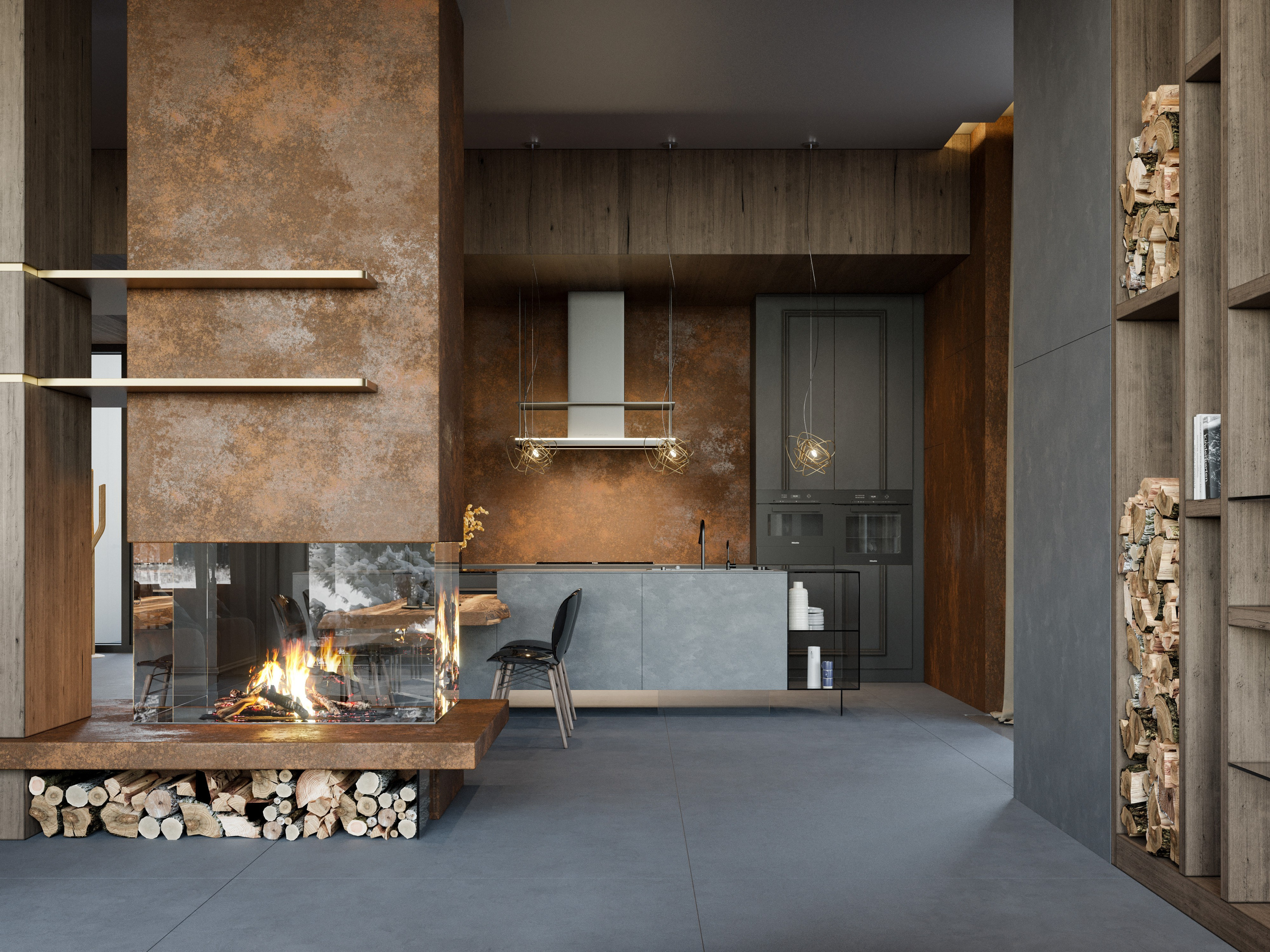 3D визуализация гостиной в темных тонах с каменным полом и минималистичной мебелью