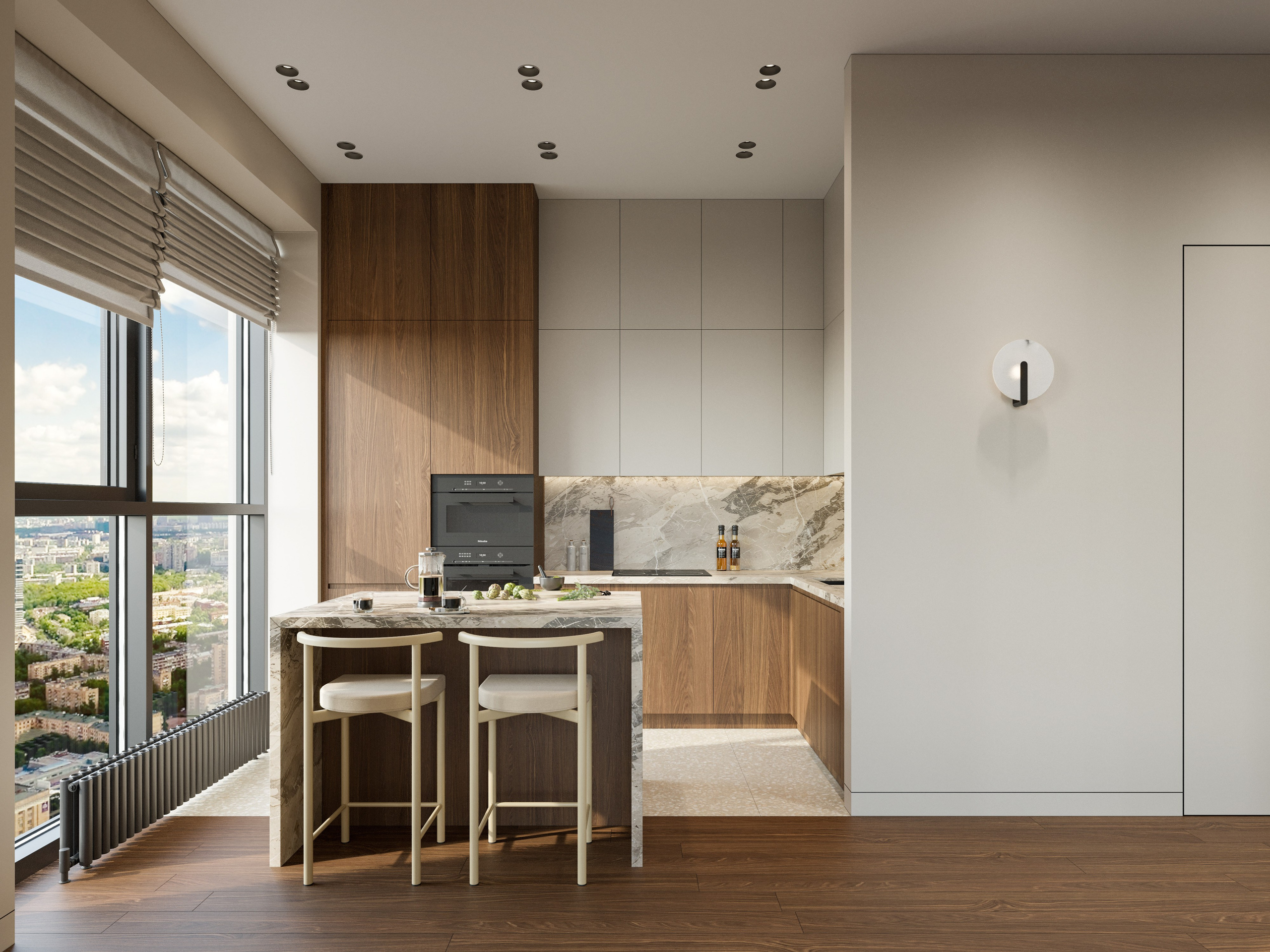 3D визуализация кухни с панорамным окном и деревянными фасадами в минималистичном стиле