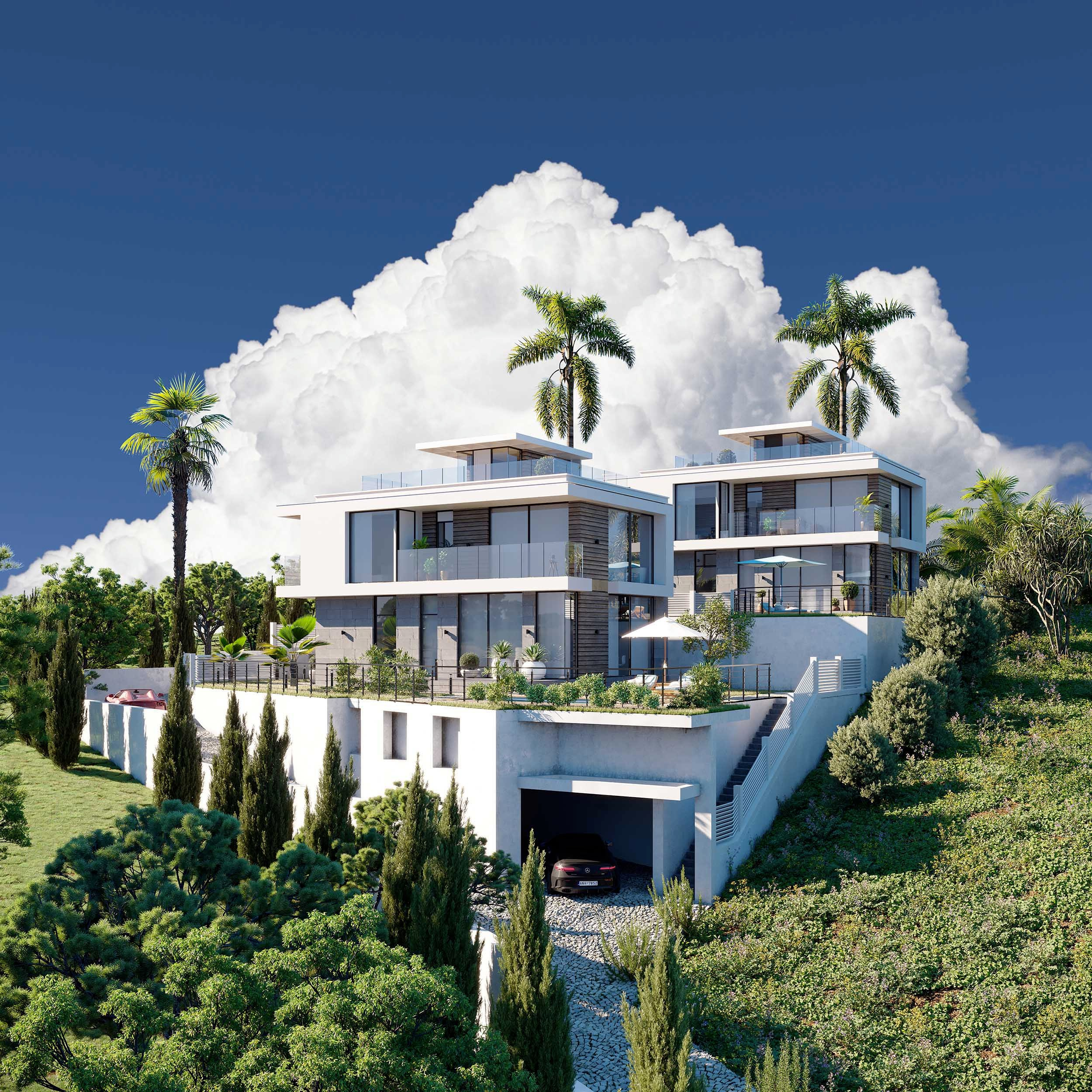 3D визуализация коттеджей в Сочи, современная архитектура и стиль.