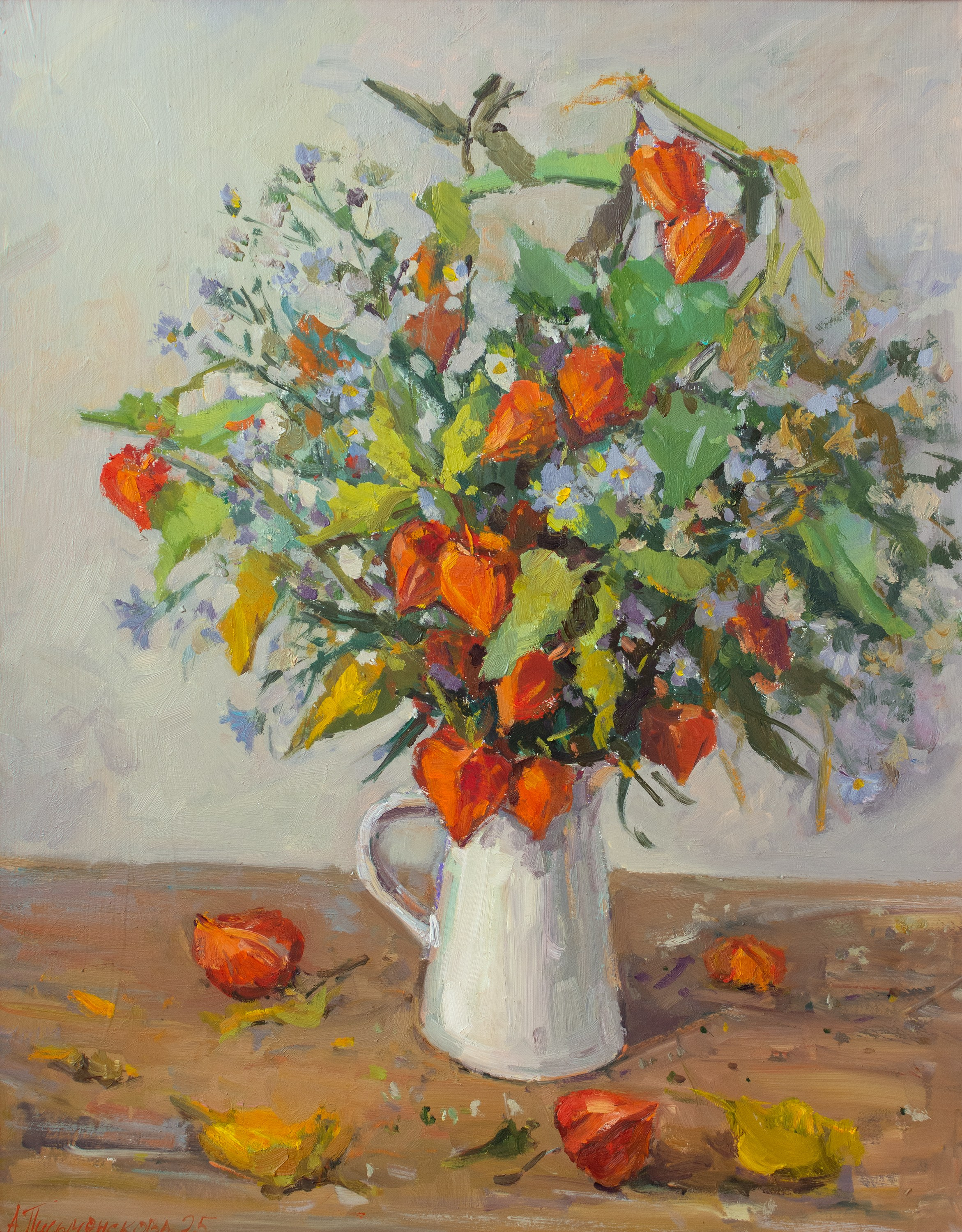 "Bouquet with physalis" oil cardboard, 50x40cm, 2025