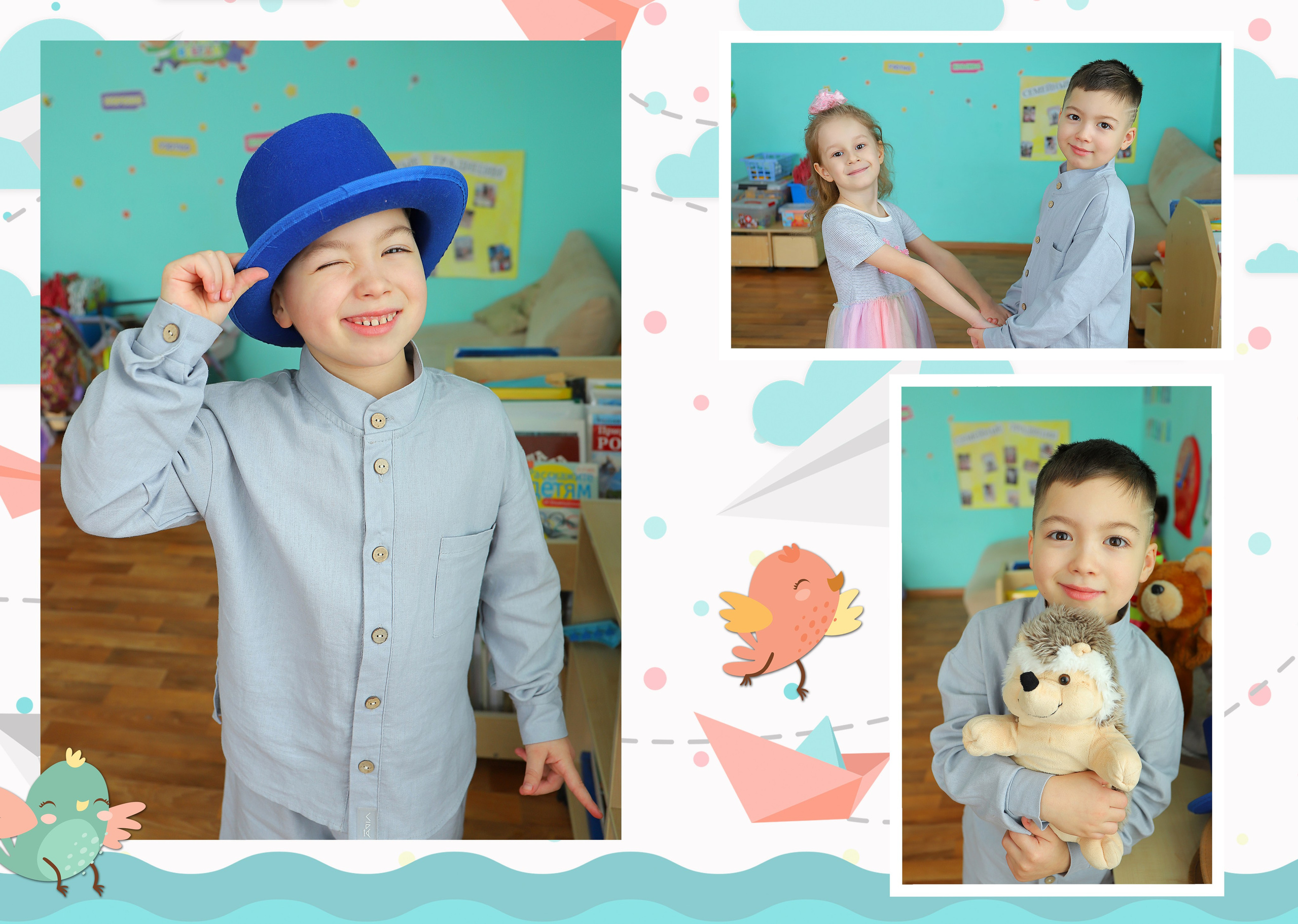 детский выпускной альбом в тёплых тонах — съёмка для детского сада, естественные эмоции и радостная атмосфера.