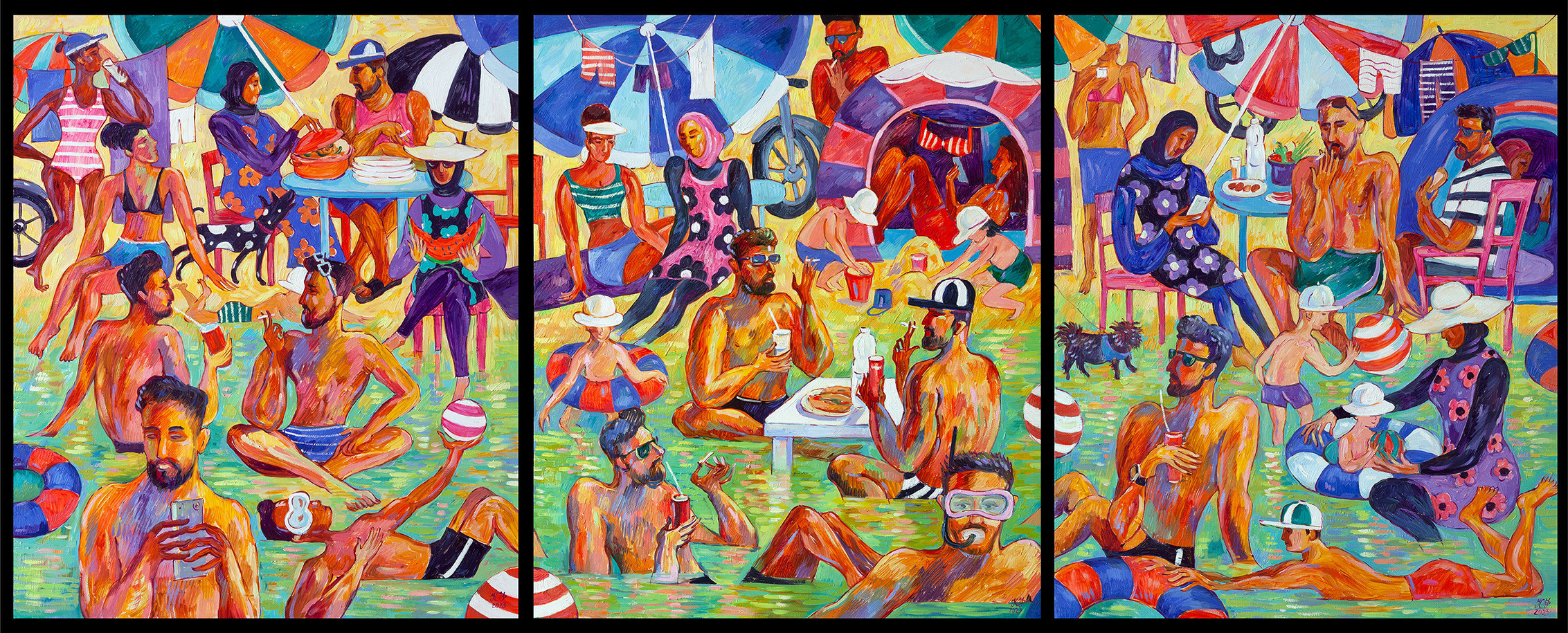 Triptych with beach scenes.