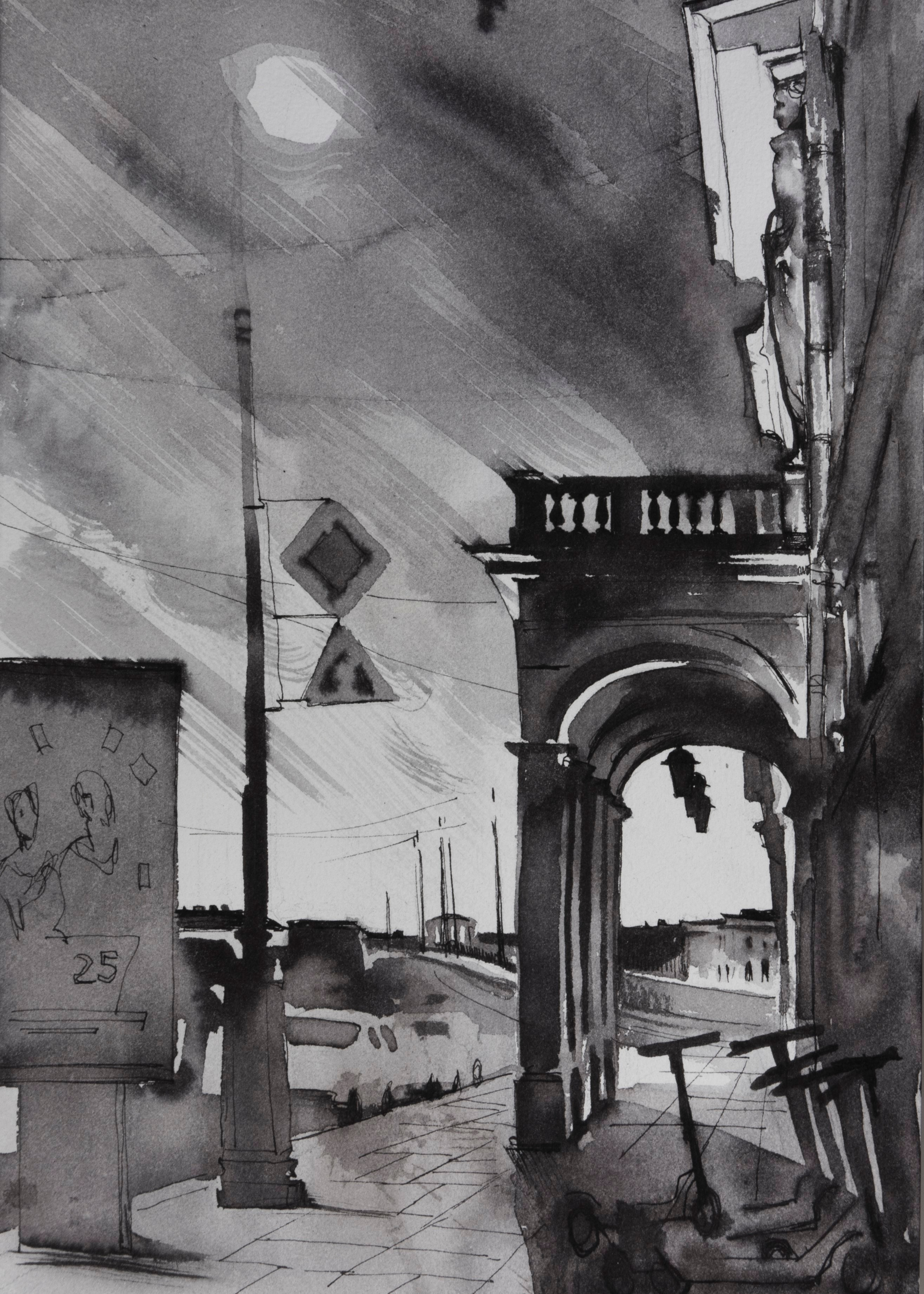 город, графика, черно-белый город, белые ночи, Петербург