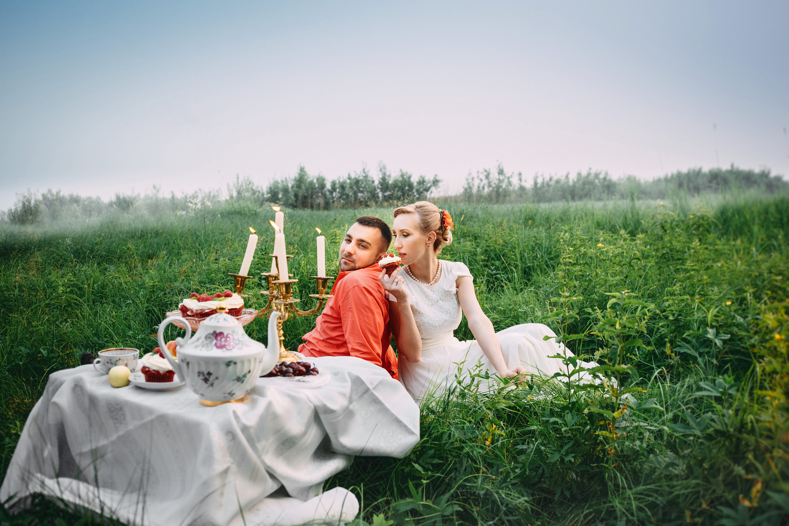 Семейный пикник в поле за городом