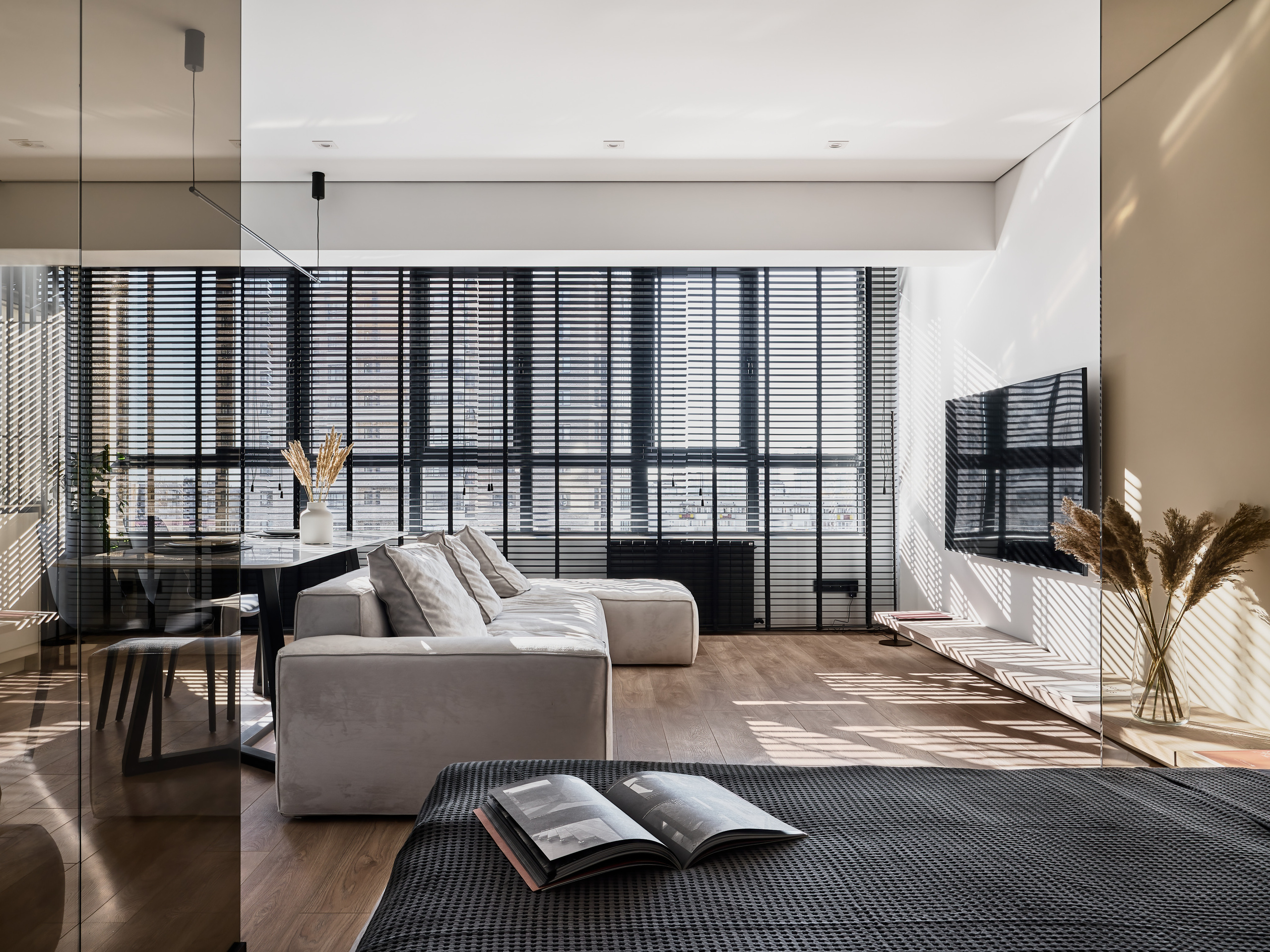 Интерьер квартиры-студии с открытой планировкой: вид из спальни на гостиную с белым диваном, телевизором и панорамными окнами, дизайнер Анатолий Котов, фотограф Сергей Денисенко, минимализм и гармония света в современном пространстве.