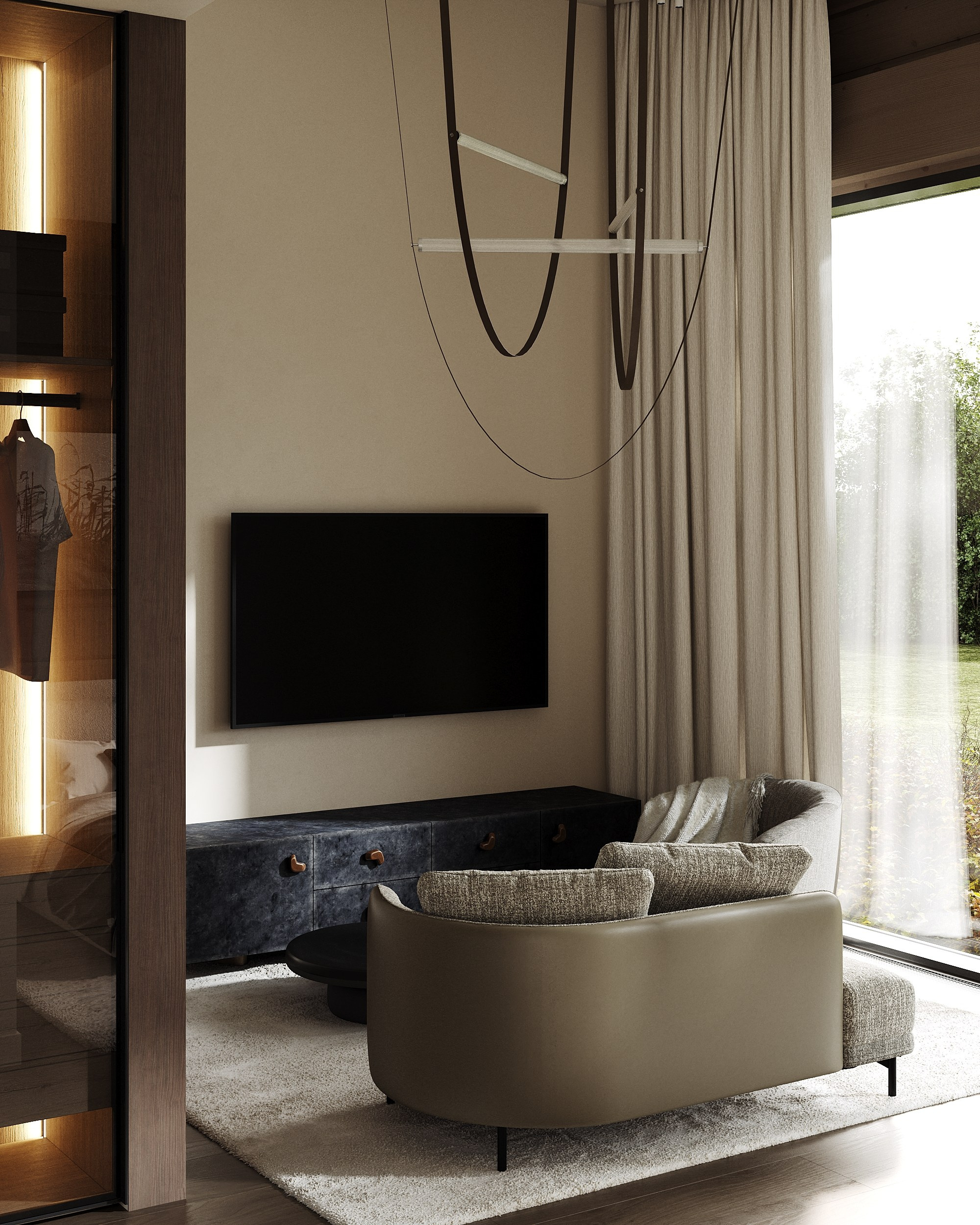 Уютная светлая спальня в доме из бруса с дизайнерской мебелью.