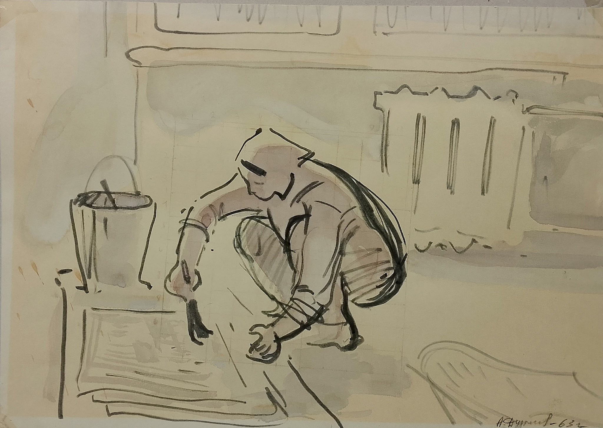 Александр Дудников "Отделочники" бумага, тушь, 1963 г.