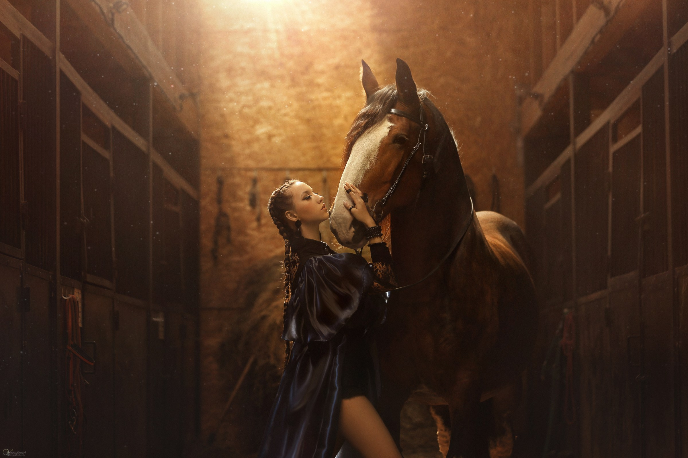 Портрет девушки и лошади, фотосессия с лошадью на конюшне
