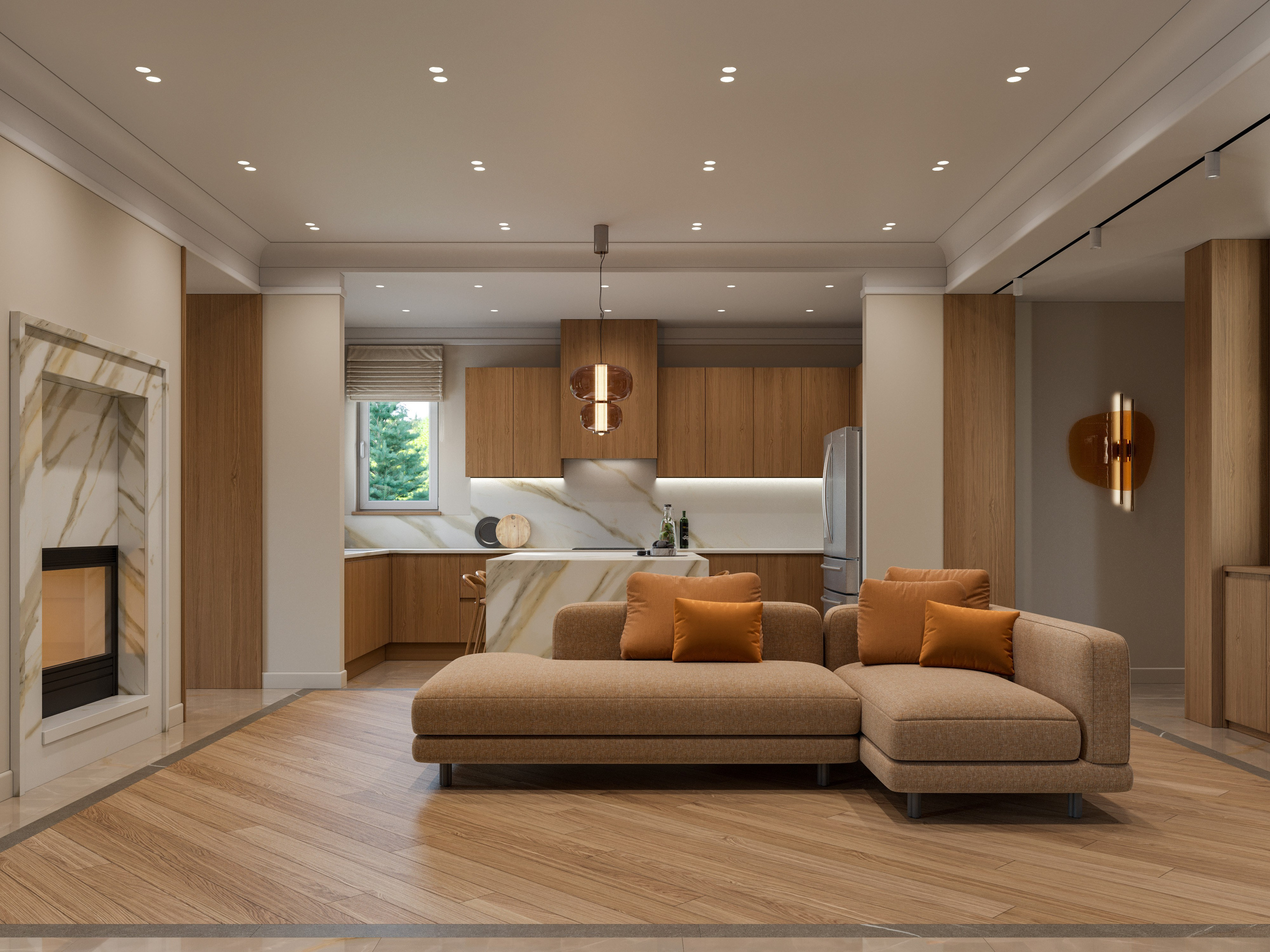 Просторная гостиная в современном стиле с деревянной отделкой и камином в загородном доме