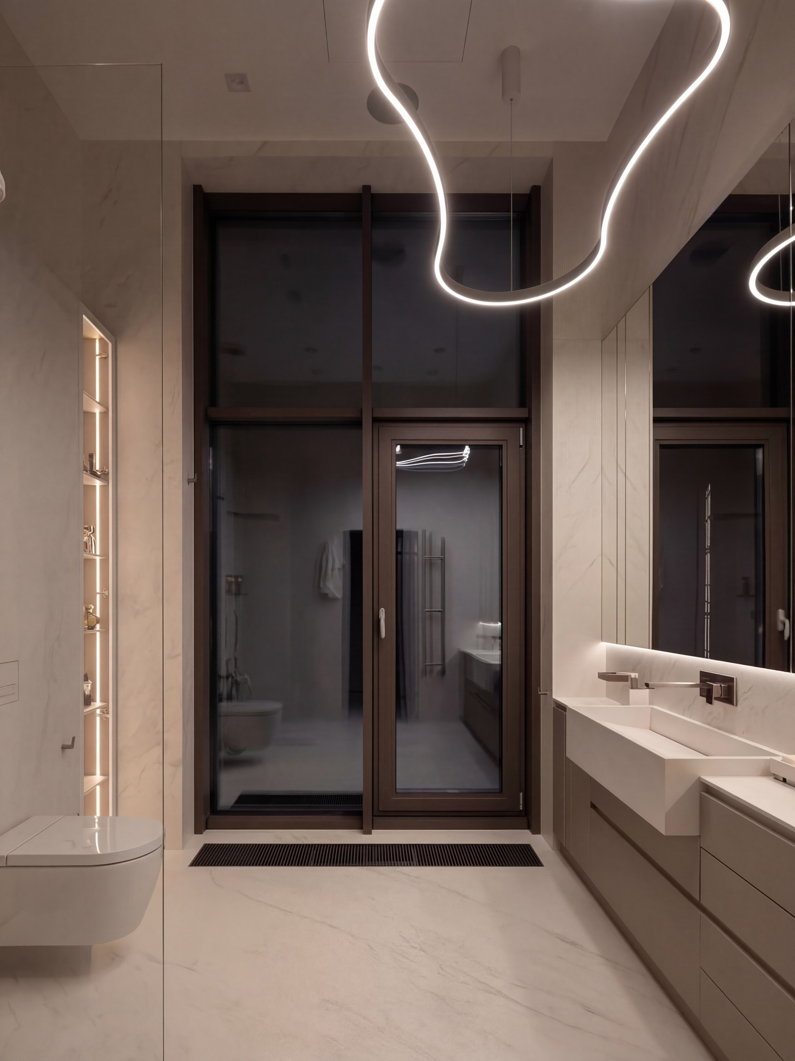 Современный дизайн ванной комнаты от Валерии Котович: панорамное окно в пол с выходом на террасу, длинная тумба с накладной раковиной, футуристичная кольцевая люстра и встроенная подсветка ниш.