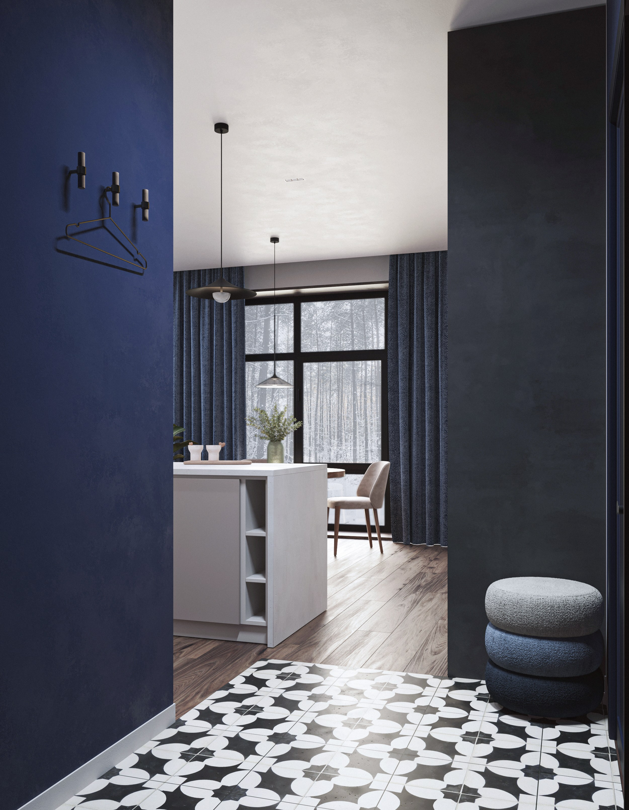 Blue place. 3D visualization of exteriors and interiors