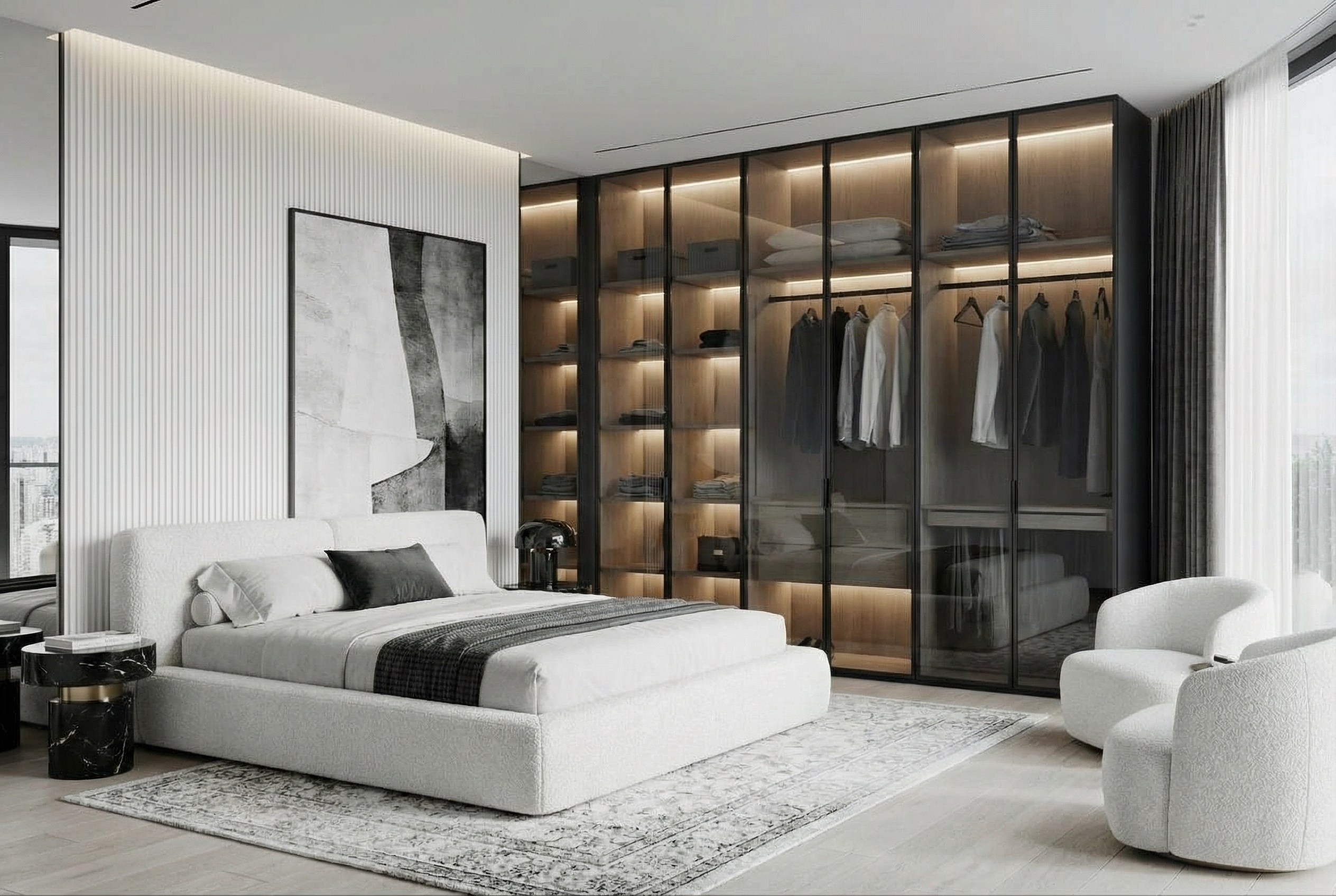 Дизайн второй спальни в квартире 113 м² от Валерии Котович: стеклянный шкаф с подсветкой, кровать и кресла букле, белые стеновые панели с канелюрами в стиле quiet luxury.