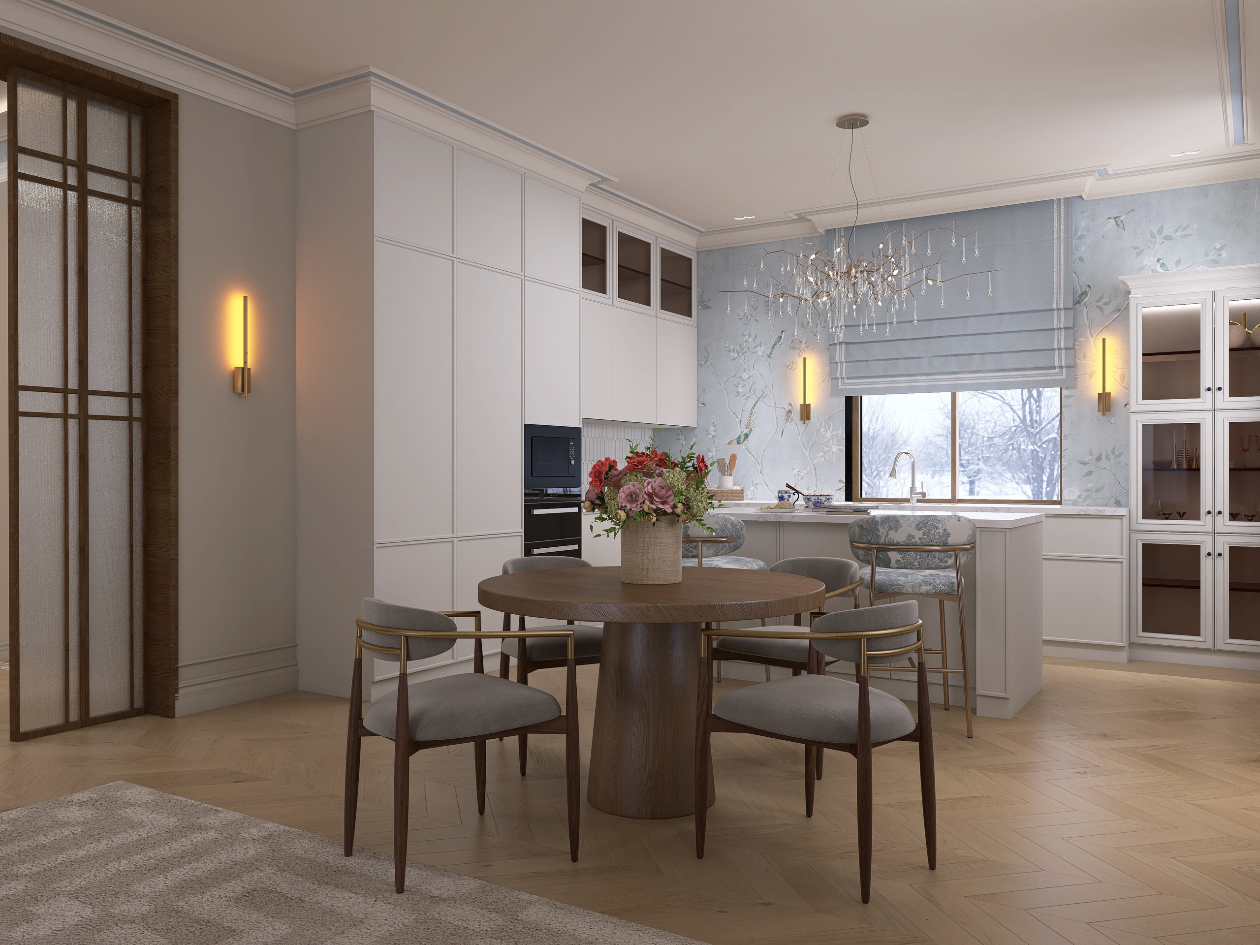 Обеденная зона в кухне-гостиной частного дома, круглый стол, мягкие стулья, паркет елка, неоклассический интерьер