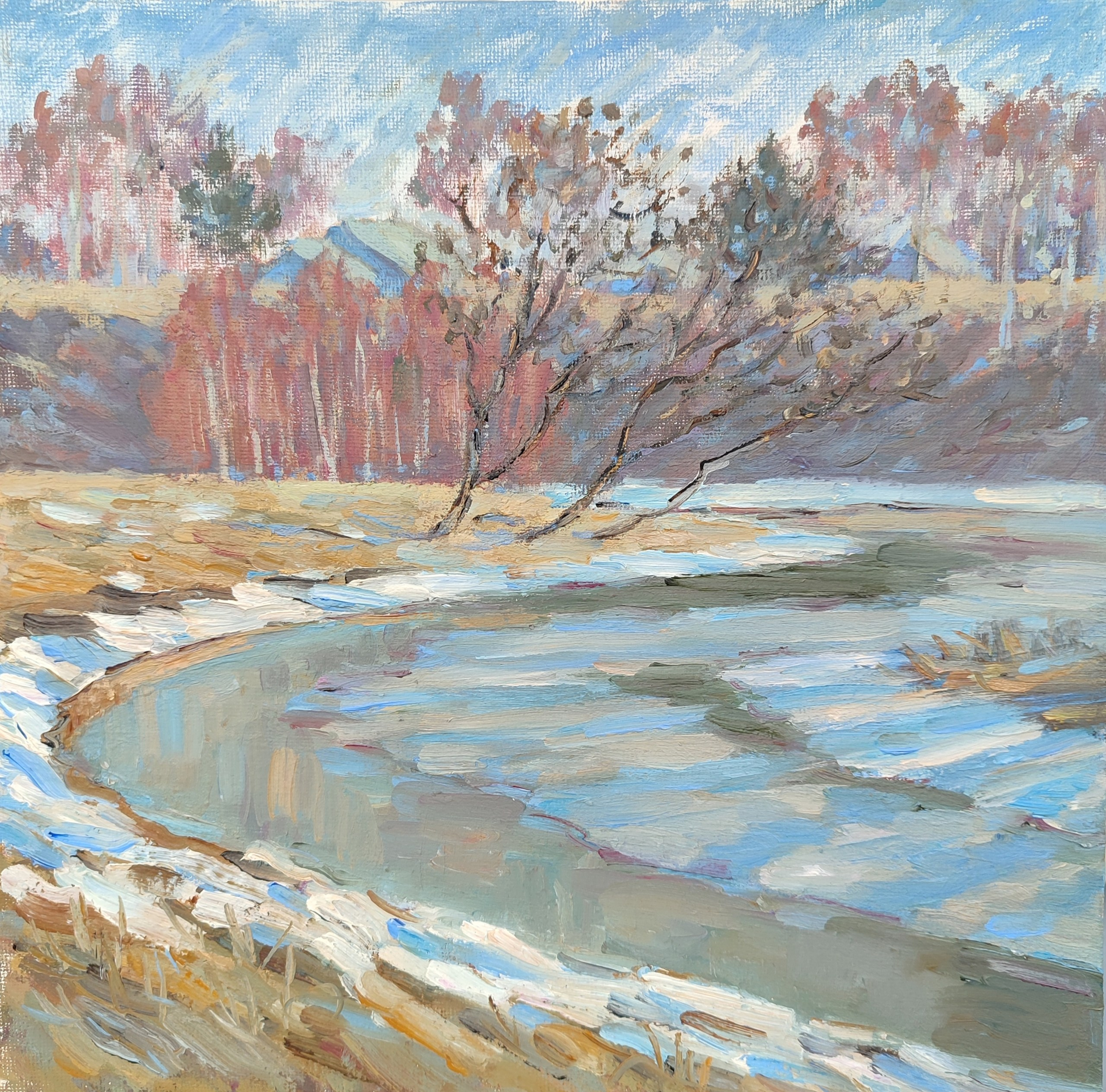 Картина маслом с весенним пейзажем и рекой