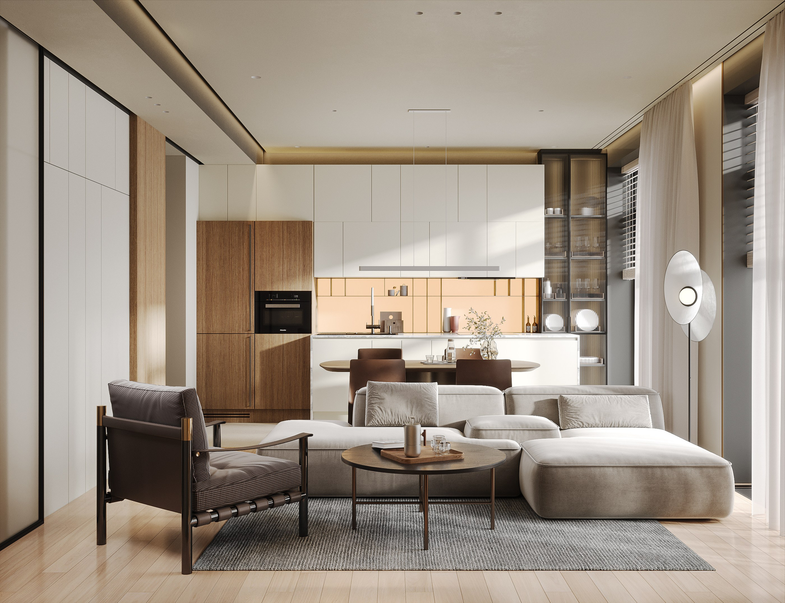 3D рендер современной гостиной с серым L-образным диваном и темным креслом, выполненный в теплых оттенках с деревянными элементами и акцентной подсветкой, вид на открытую планировку.