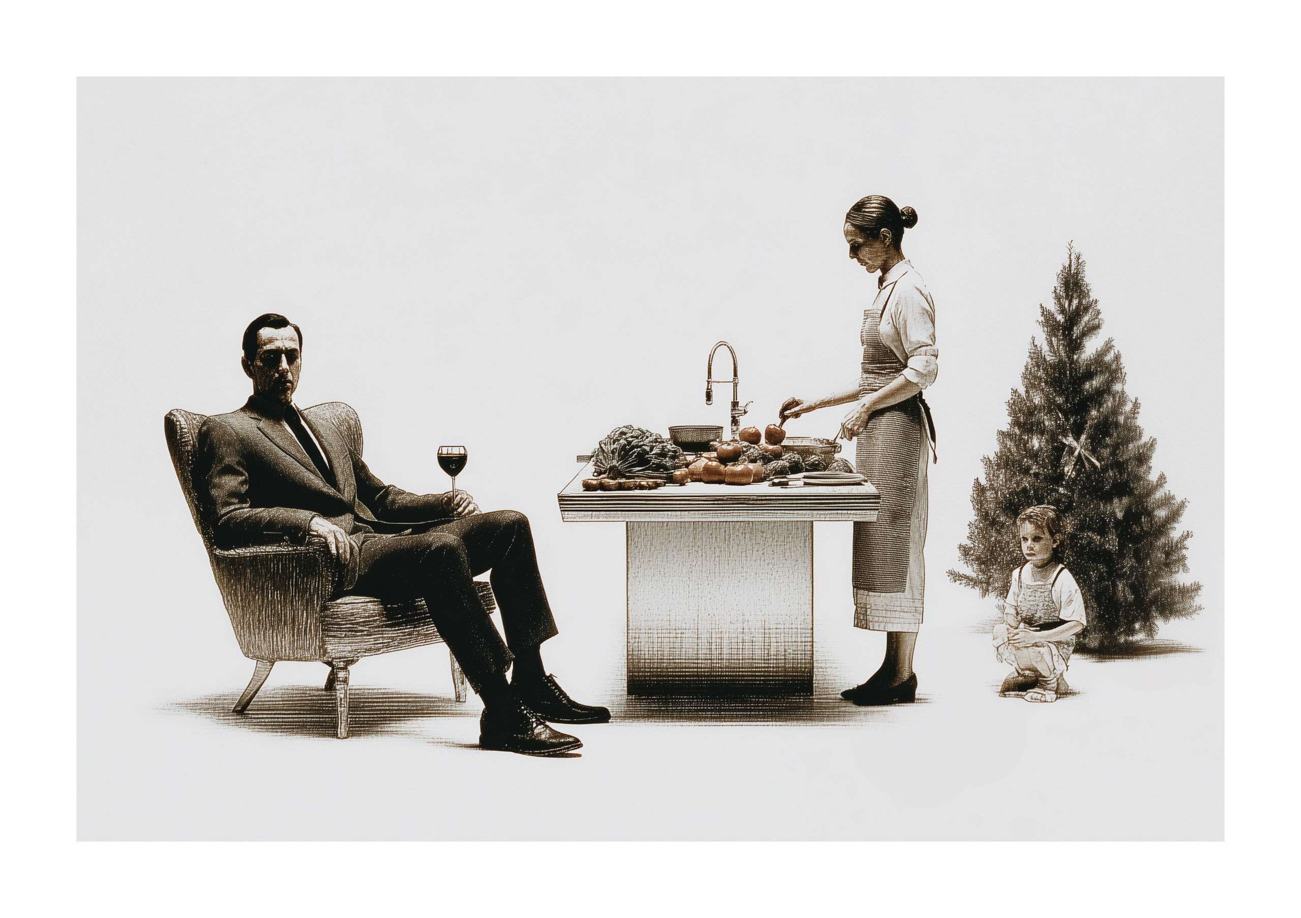 A man in a business suit sits in a chair holding a glass of wine, while a woman in an apron stands at a kitchen counter preparing food among scattered ingredients; nearby, a small child sits on the floor beside a decorated Christmas tree. The minimal composition emphasizes the separation of scenes. Titled “11:30 pm,” the image hints at the final 30 minutes before New Year’s Eve and satirically contrasts rest and anticipation for one with ongoing domestic work for another, highlighting an uneven distribution of responsibilities. (Мужчина в деловом костюме сидит в кресле с бокалом вина, в то время как женщина в фартуке стоит у кухонного стола, готовя еду среди разложенных продуктов; рядом с украшенной ёлкой на полу сидит маленький ребёнок. Минималистичная композиция подчёркивает раздельность сцен. Картина под названием «11:30 pm» намекает на последние 30 минут перед Новым годом и сатирически показывает контраст: для одного это уже время отдыха и ожидания праздника, для другого — всё ещё время домашних дел, подчёркивая неравномерное распределение обязанностей.)