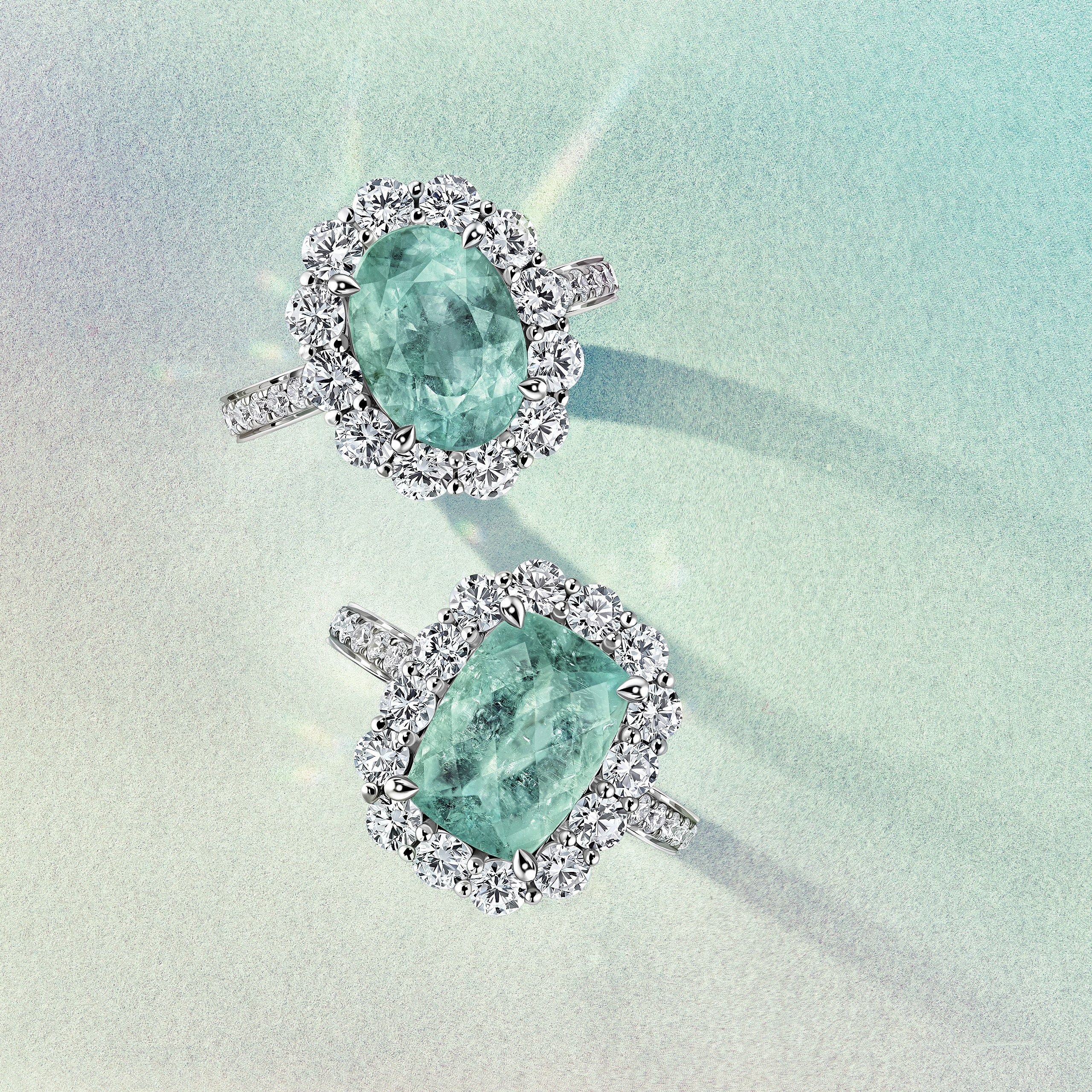 Рекламная фотосъёмка ювелирных изделий FARRO в Алматы — изумрудные серьги овальной огранки в бриллиантовом обрамлении, на художественном фоне. Профессиональная съёмка для каталога и ювелирного интернет-магазина.