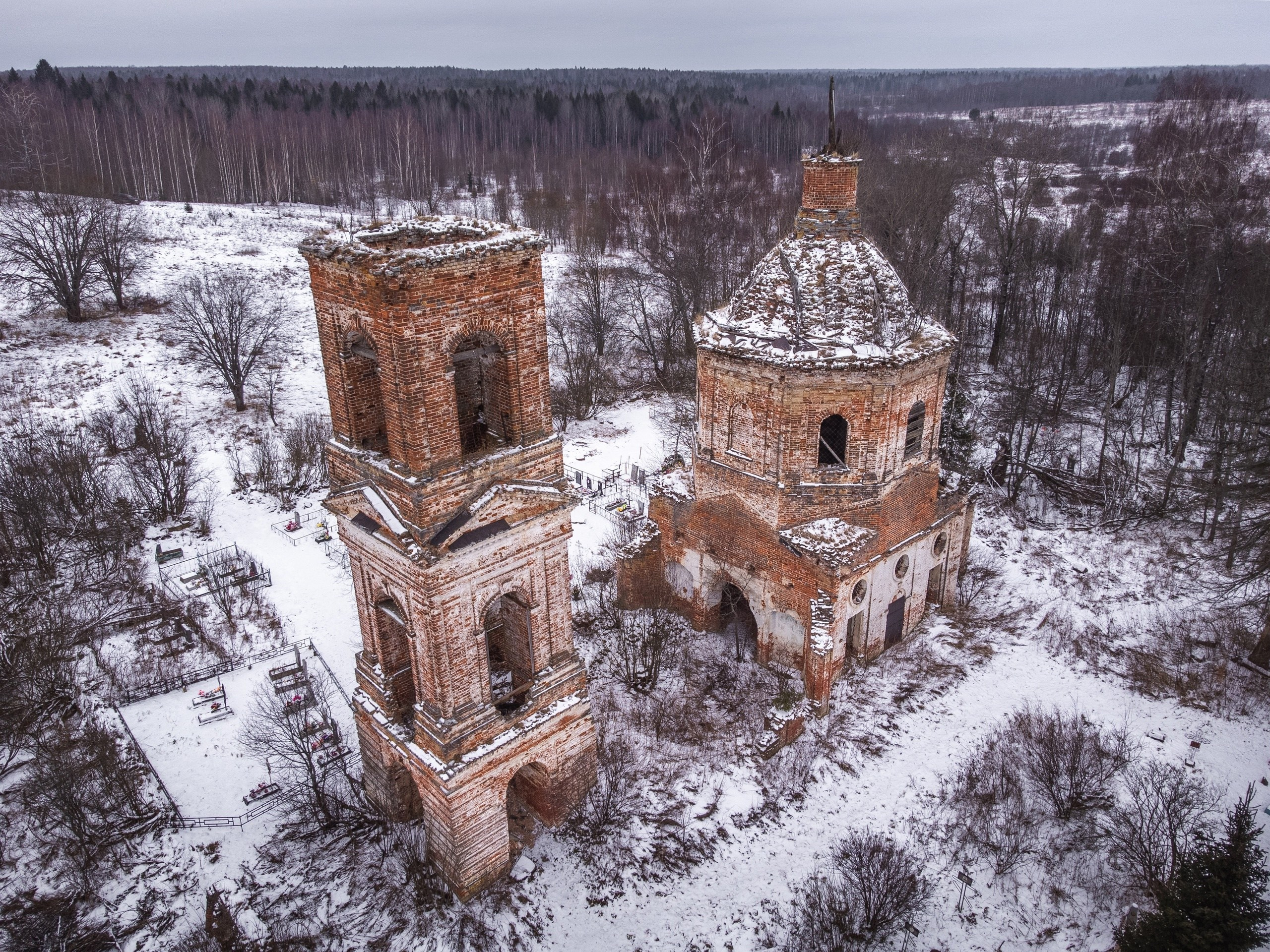 Церковь Святой Богородицы в урочище Богородское рядом с деревней Пореево, Ярославская область, зима