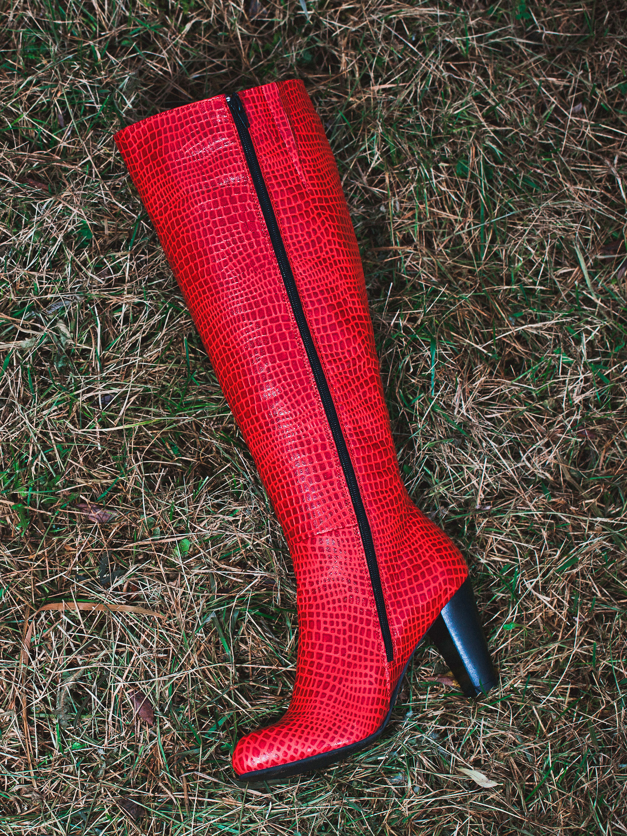 Имиджевое фото красных сапогов на высоком каблуке из крокодиловой кожи.