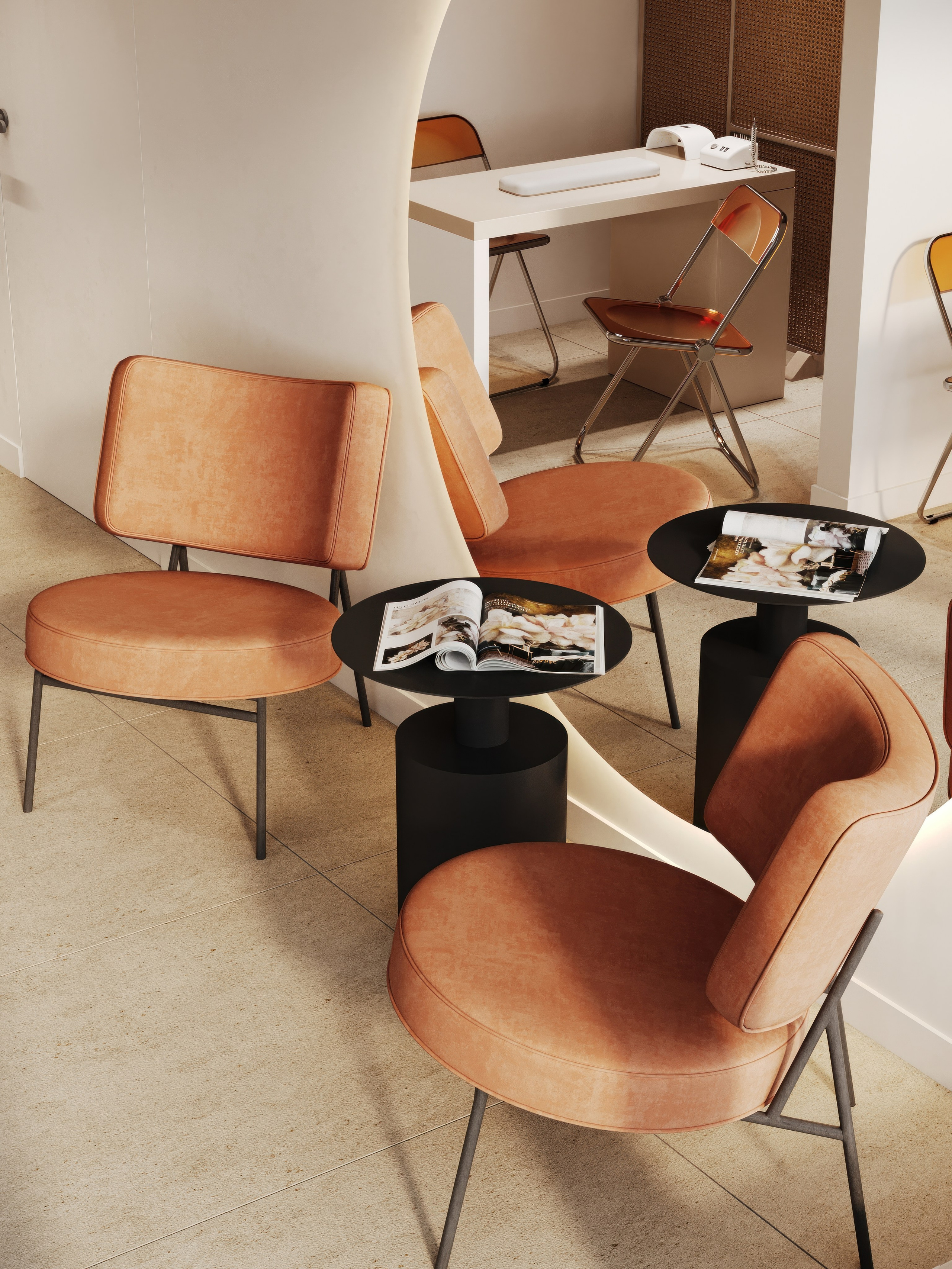 визуализация зоны ожидания в салоне красоты    в нежных тонах  в сером минималистичном современном  стиле