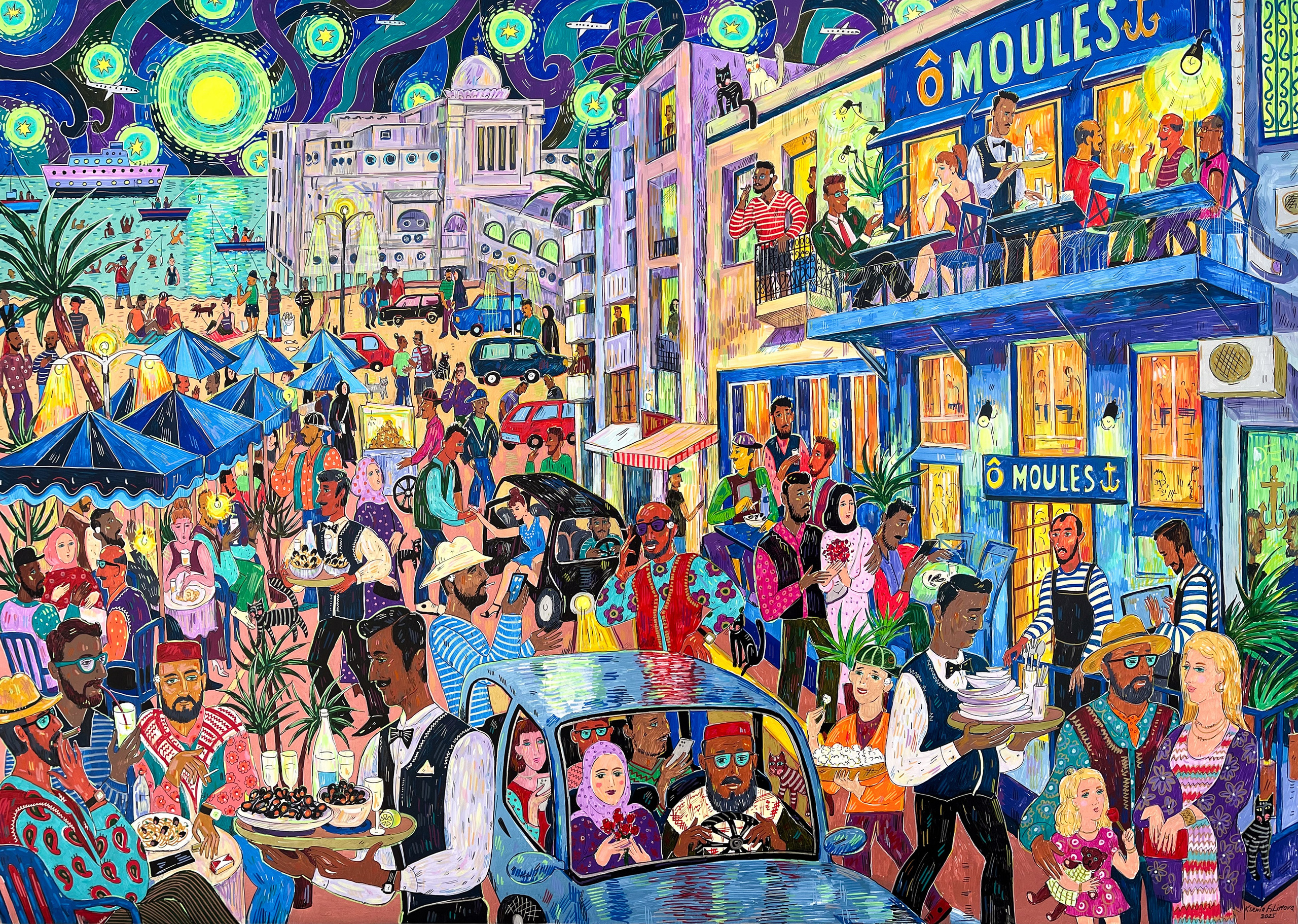 La Marsa at Night, acrylic markers on canvas, 80 × 110 cm, 2025