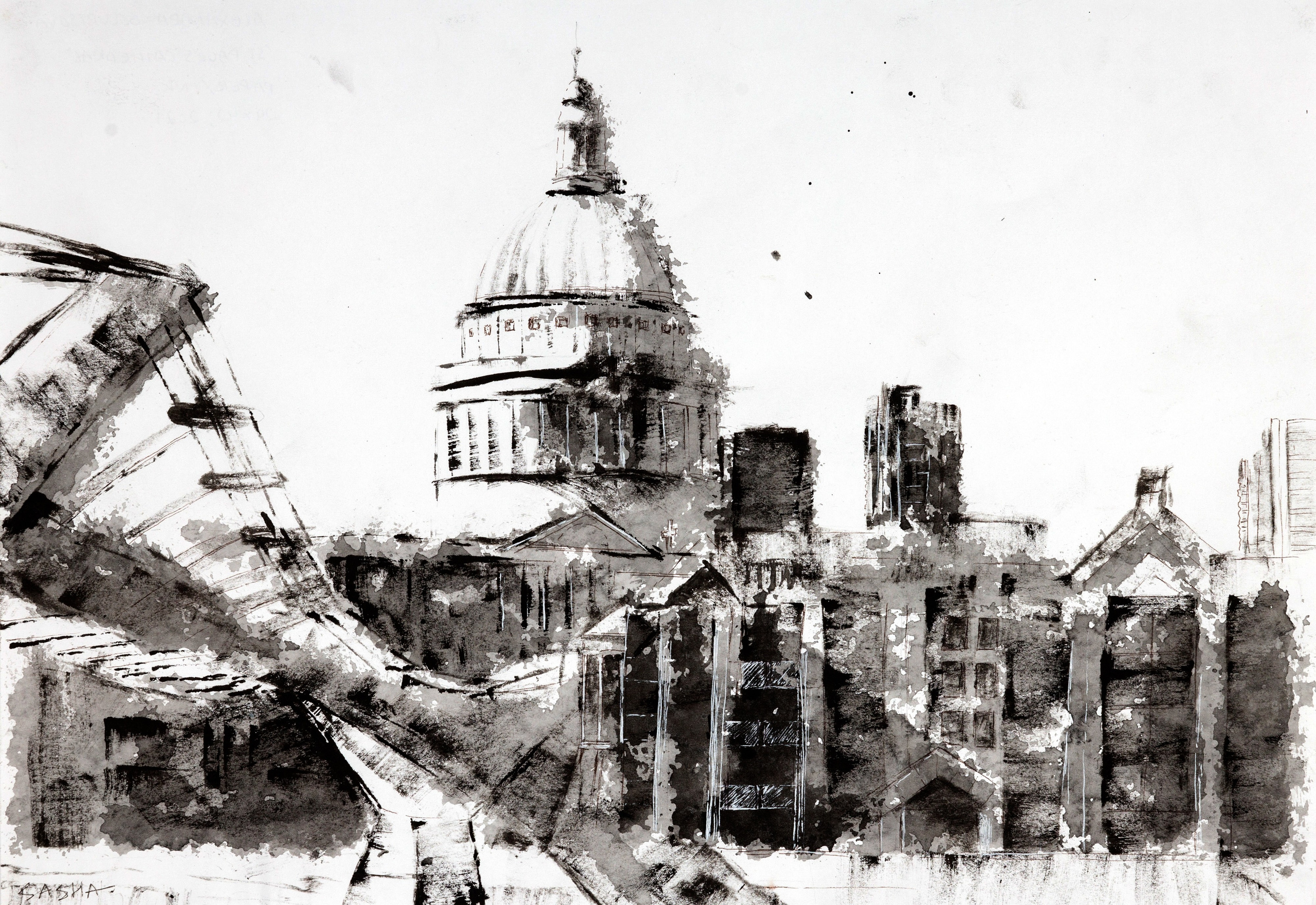 Монохромный городской пейзаж с куполом и крышами зданий