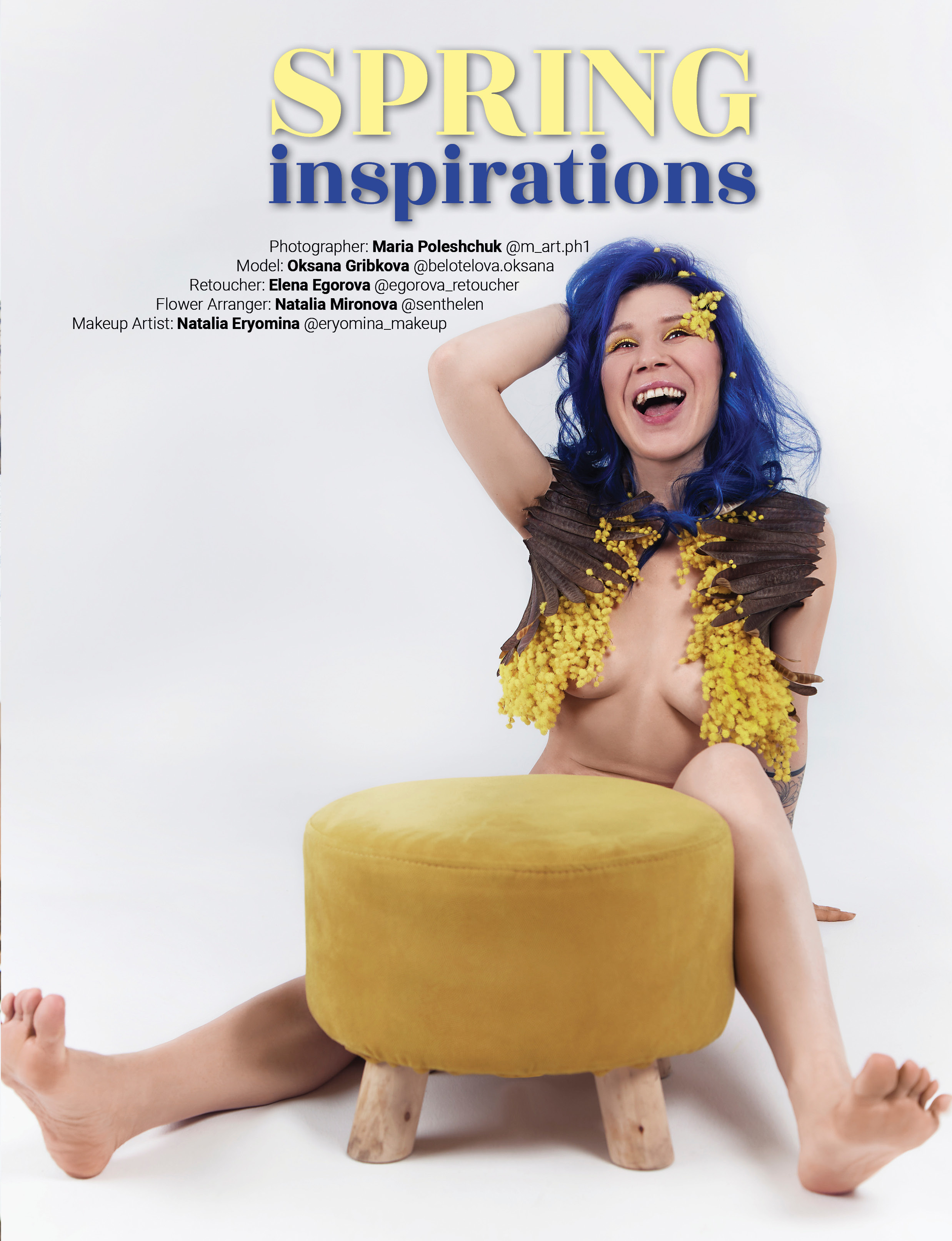 Yellow mimosa, puff, and blue hair. Spring inspiration