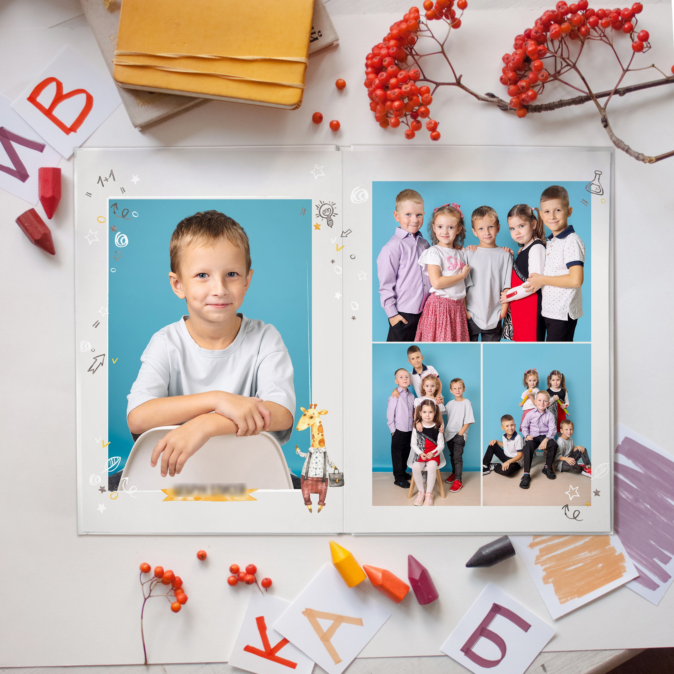 Дизайн «Ученые жирафики» 20×30. Выпускные альбомы СПБ для садов и школ | Фотограф Олька Евченко