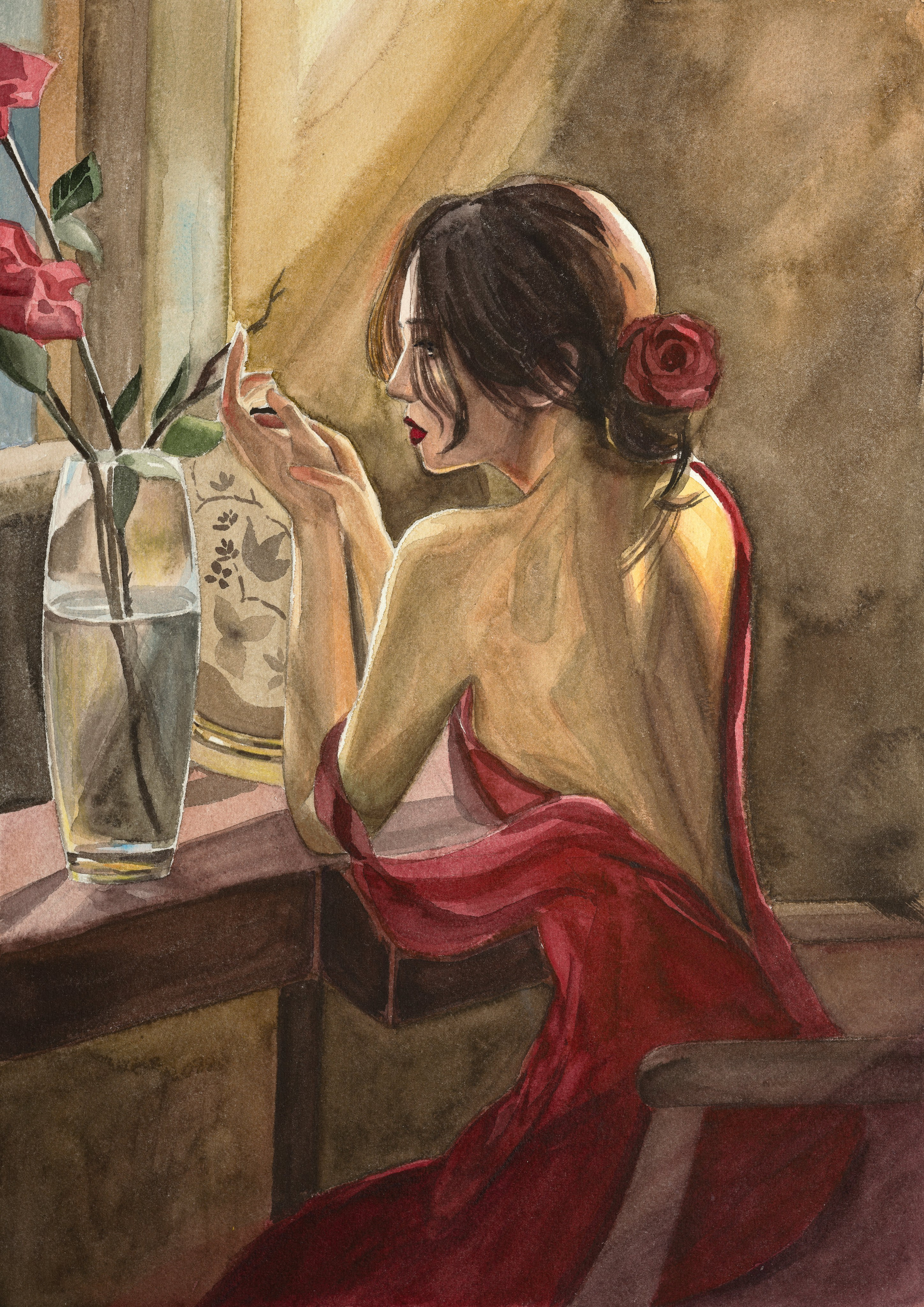 «Дама в красном» - художник Татьяна Аксёнова (бумага, акварель, 42x29,7 см, 2024)