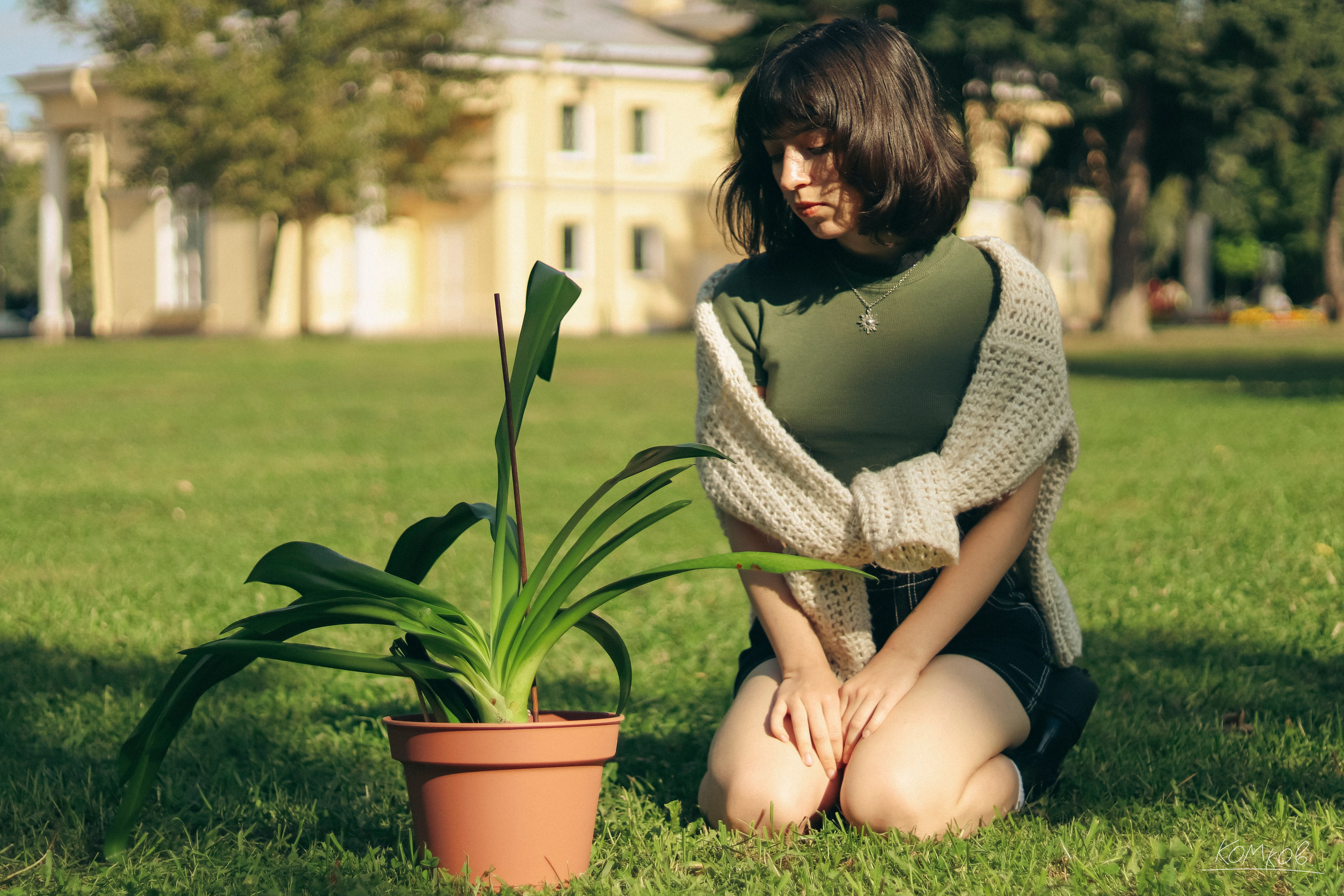 Матильда пересаживает цветок Леона в землю за школой