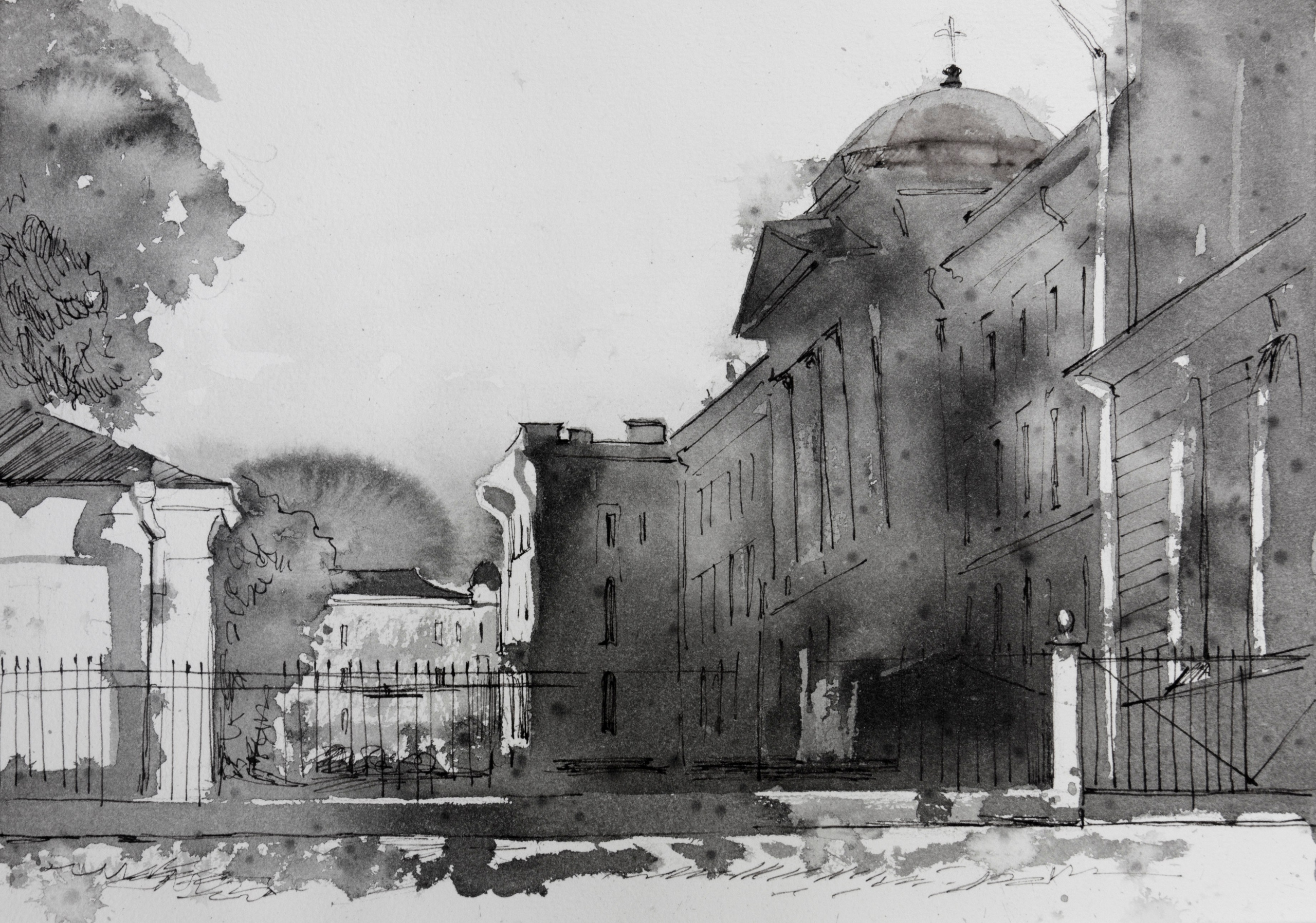 город, графика, черно-белый город, белые ночи, Петербург