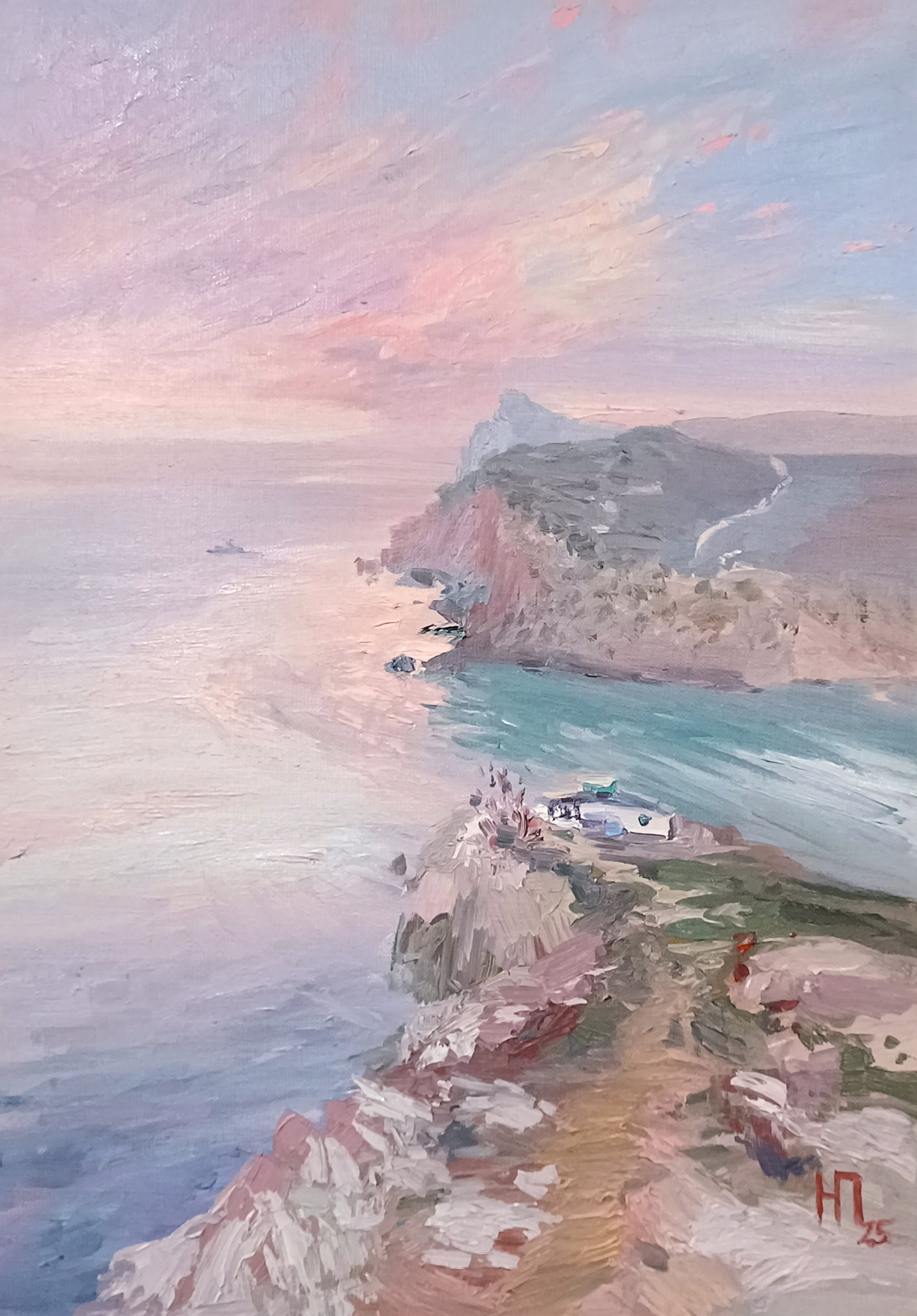 картина с розовым закатом, картина с нежным морским закатом, розовый закат на море, картина маслом, морской пейзаж в окрестностях Балаклавы, Наталья Платова, вид в окрестностях Балаклавы, художник-маринист, современное искусство морского пейзажа, морское настенное искусство, картина с морем