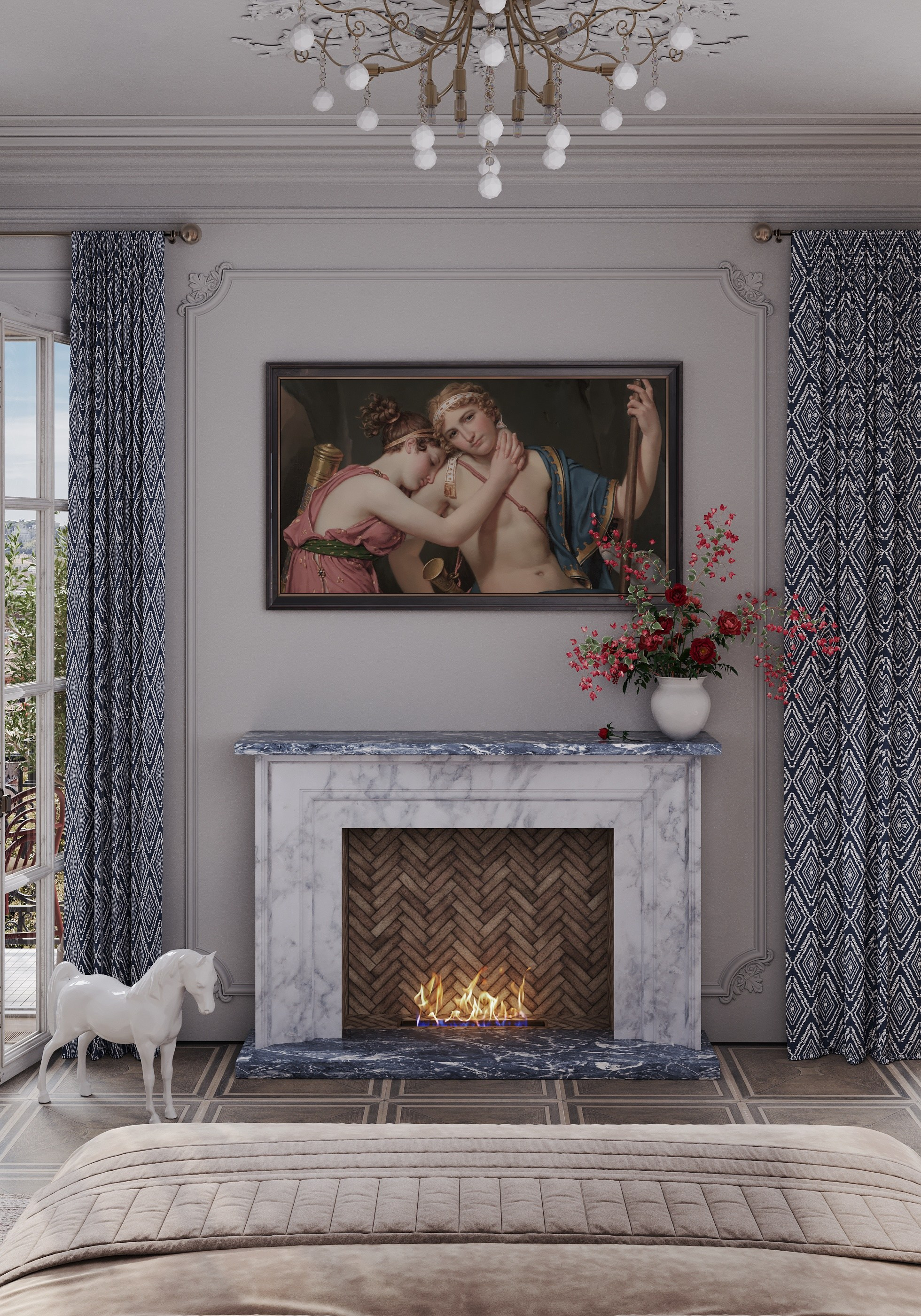 визуализация парижской квартиры современная классика  минималистичном современном  стиле с изголовьем 