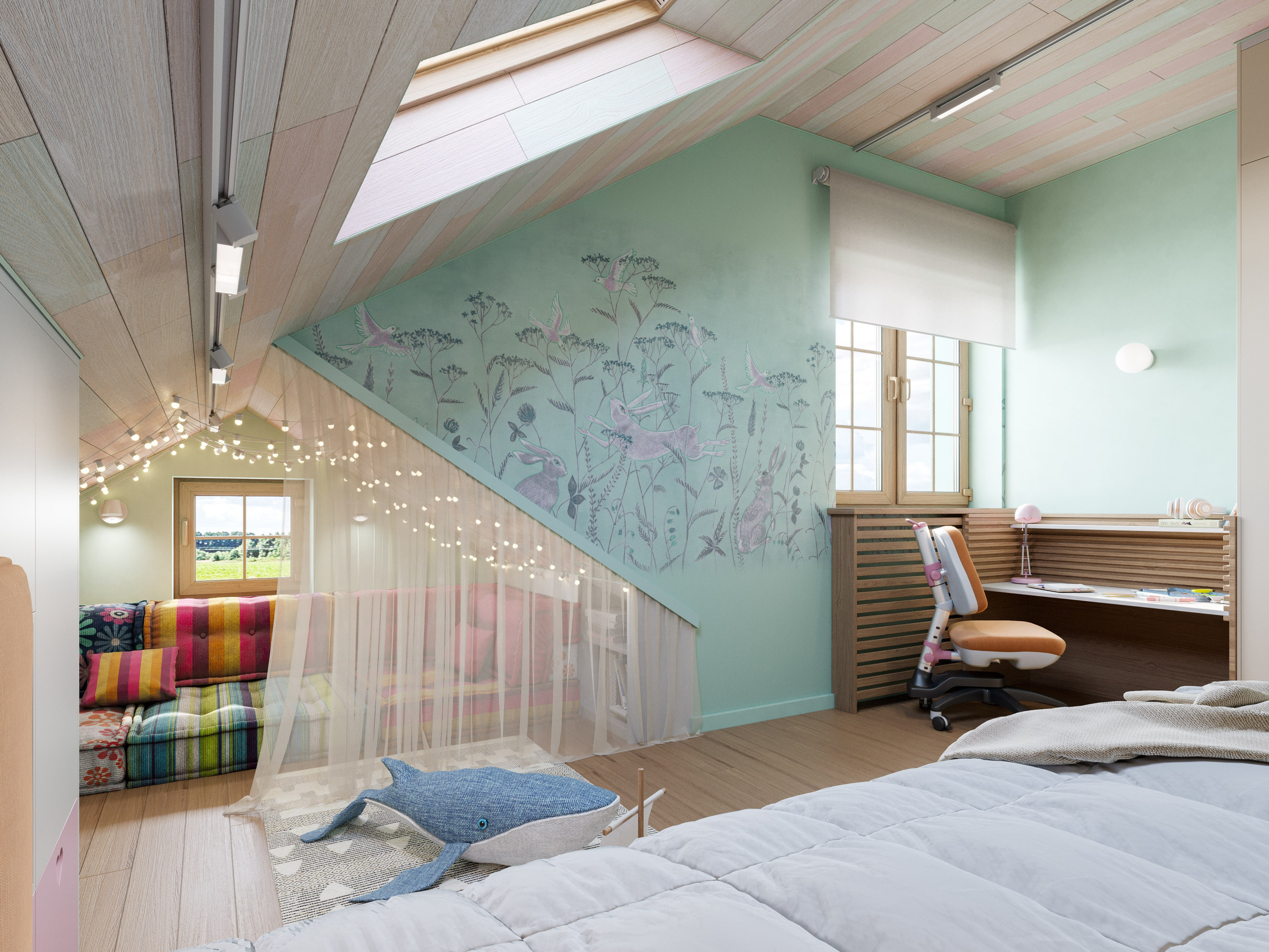 Визуализация детской комнаты для девочки с разноцветным деревянным потолком