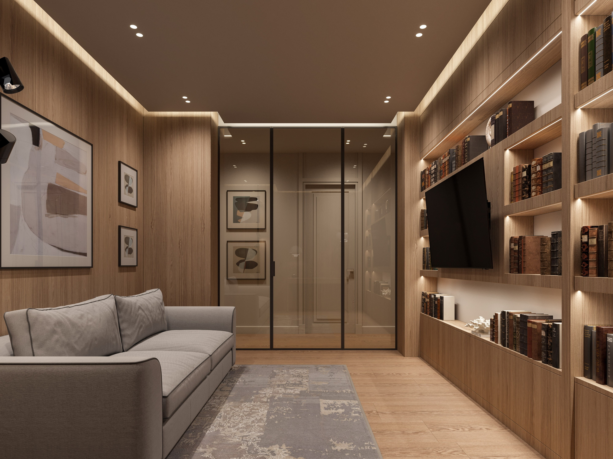 Домашний кабинет с встроенными книжными полками и современным рабочим столом