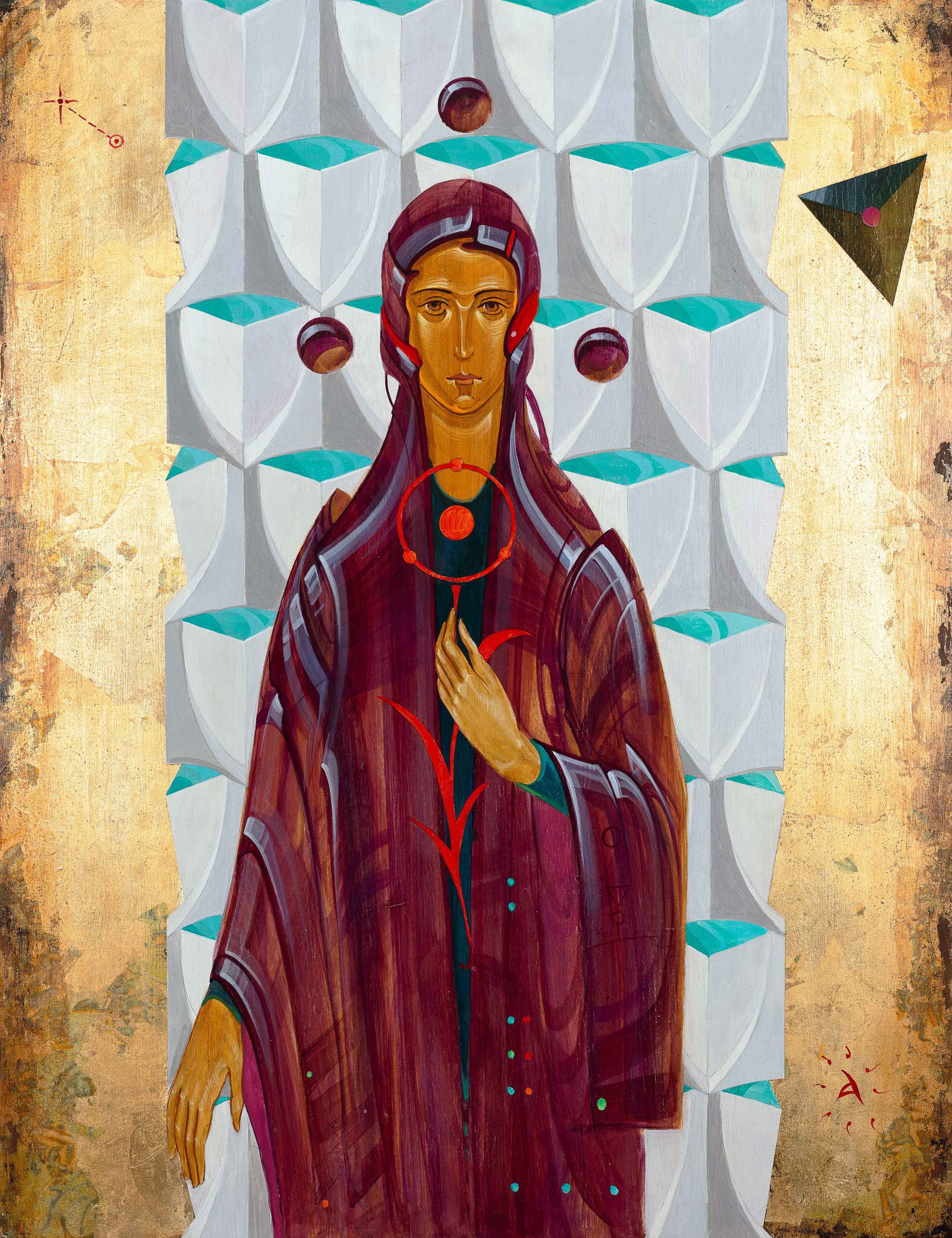 «Дева Орбиталь» - художник Антон Фролов (дерево, темпера, поталь, 80х60см, 2024)