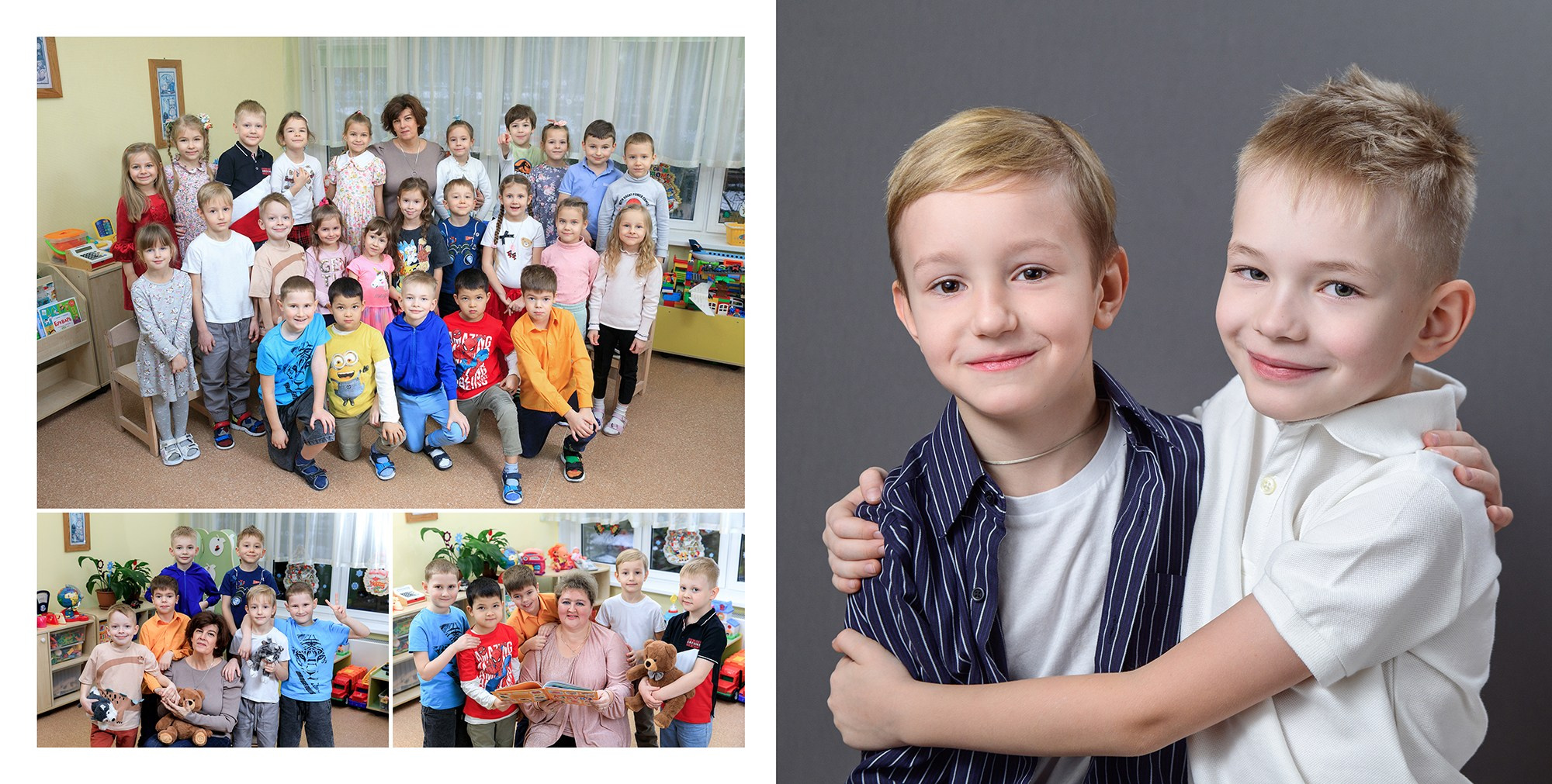 Разворот фотокниги: групповые фото детского сада и парный портрет двух мальчиков на сером фоне. 