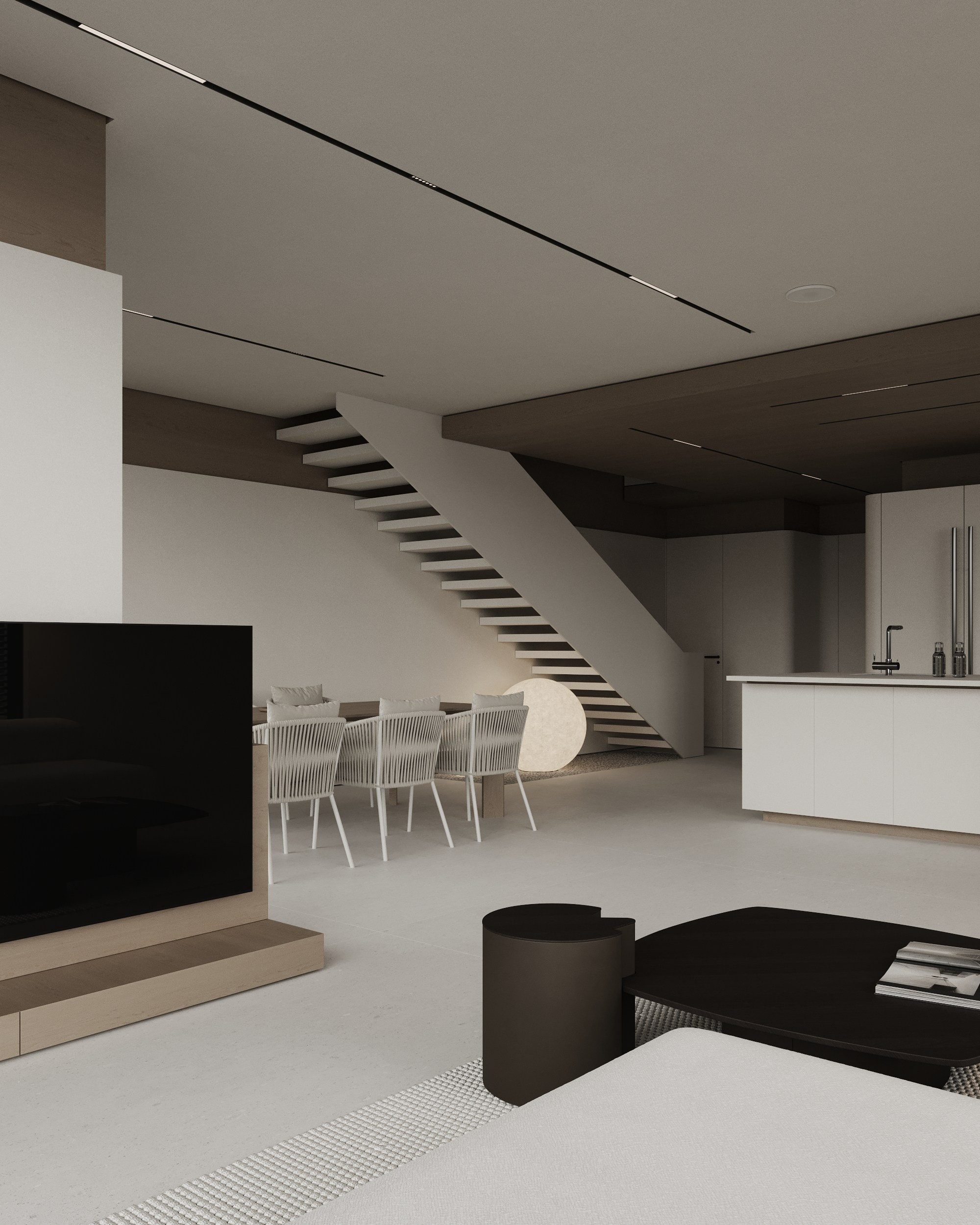 Living room and kitchen. Denis Konarev | Architectural Visualization Studio