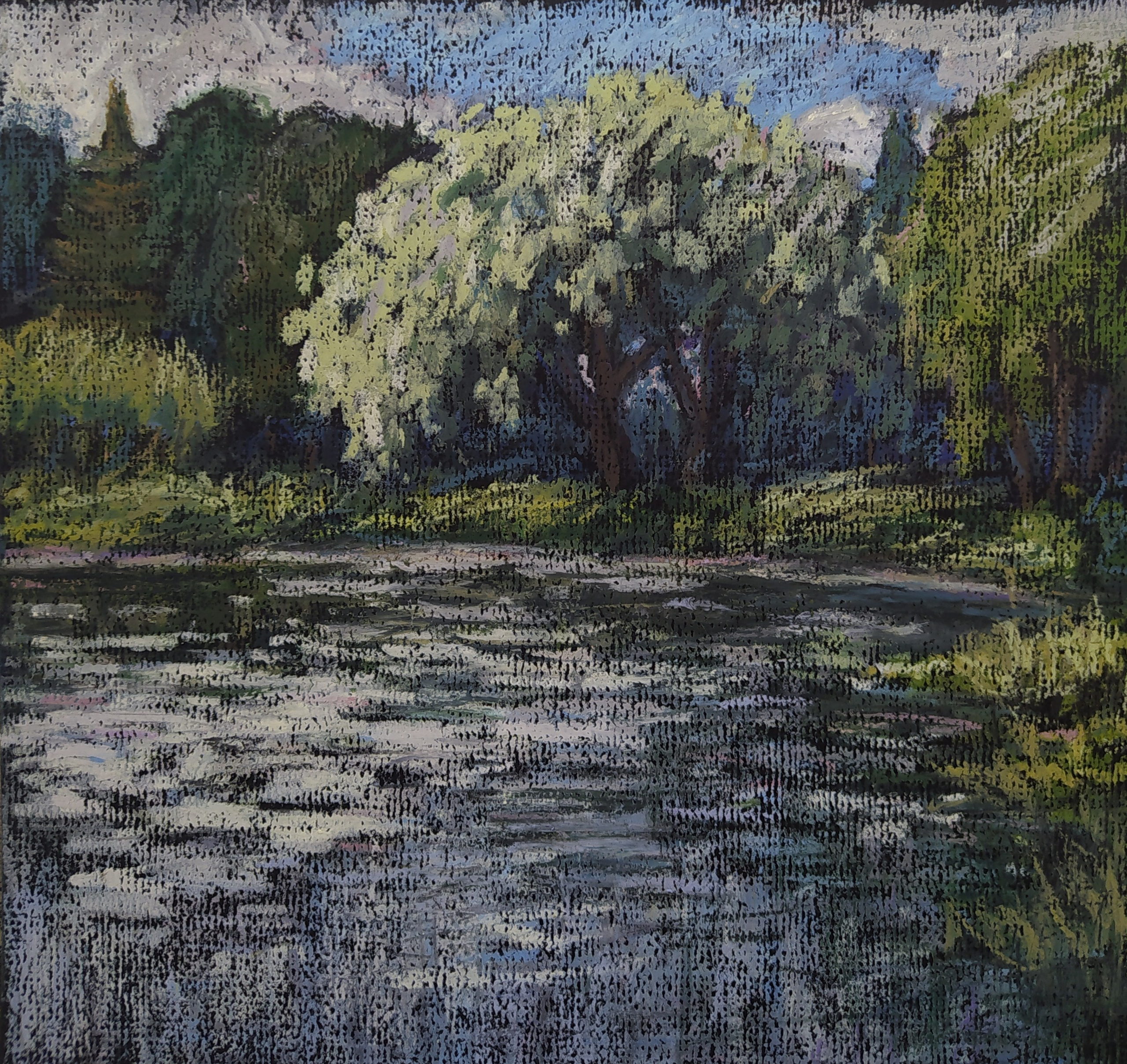 Пейзаж масляной пастелью, рисунок - Плакучая ива над прудом