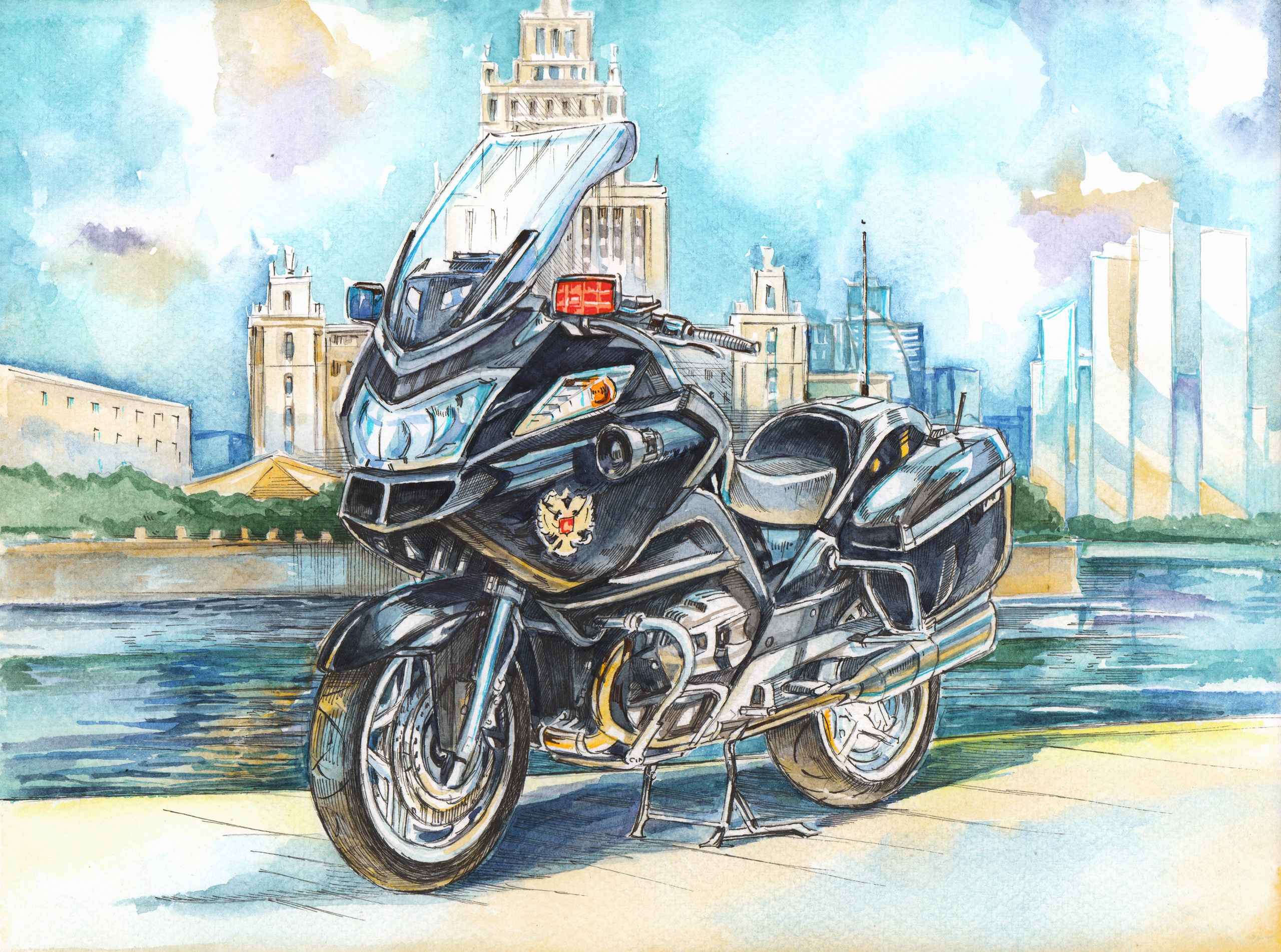 Мотоциклы Почетного Эскорта — работы для музея ГОН. Художник Александр Петрунин