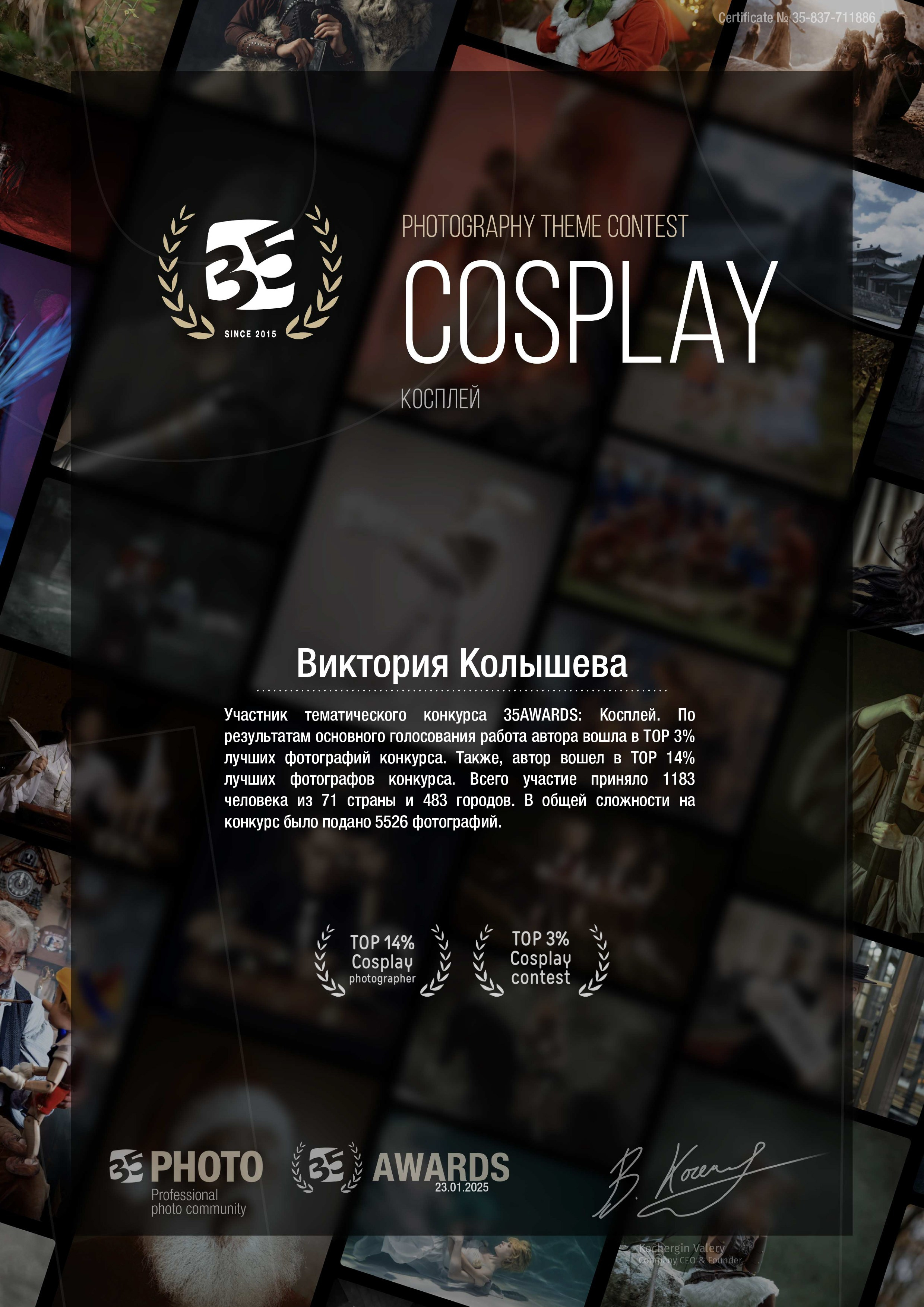 Диплом участника тематического конкурса 35 awards Косплей фотограф Колышева Виктория