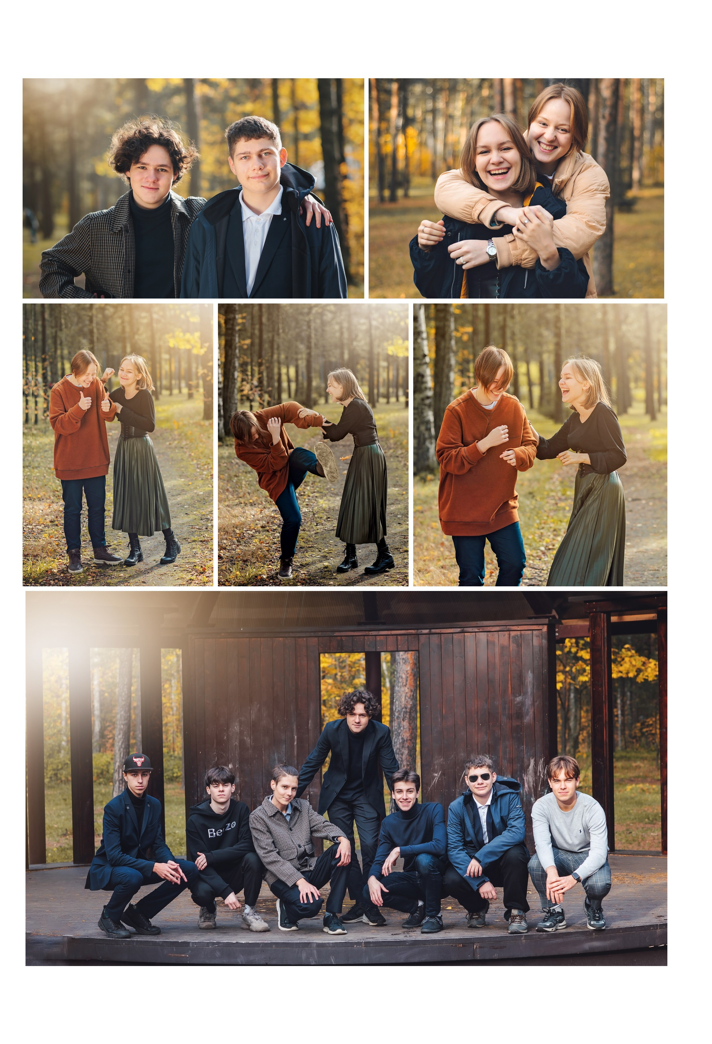 дети фотографируются в осеннем лесу для выпускного альбома 