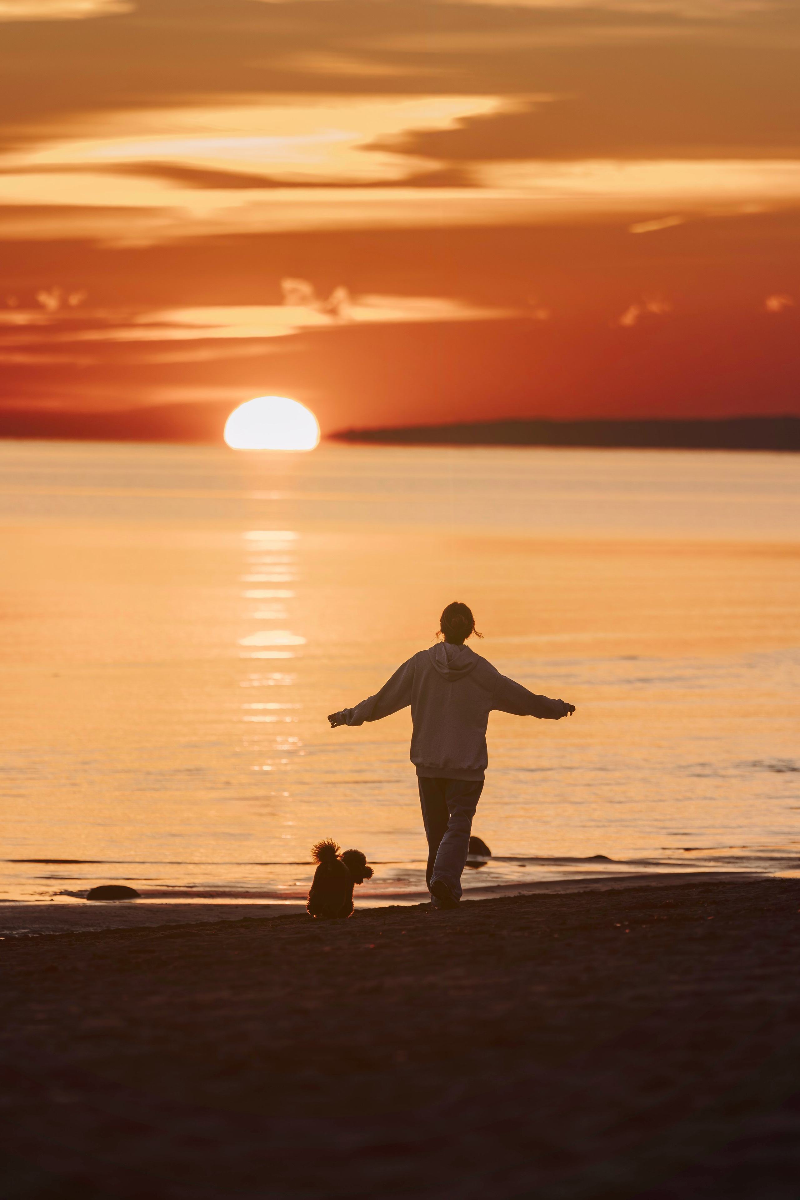 Фотосессия девушки с пуделем на пляже на закате. Фотограф анималист в Спб недорого Олеся Майорова