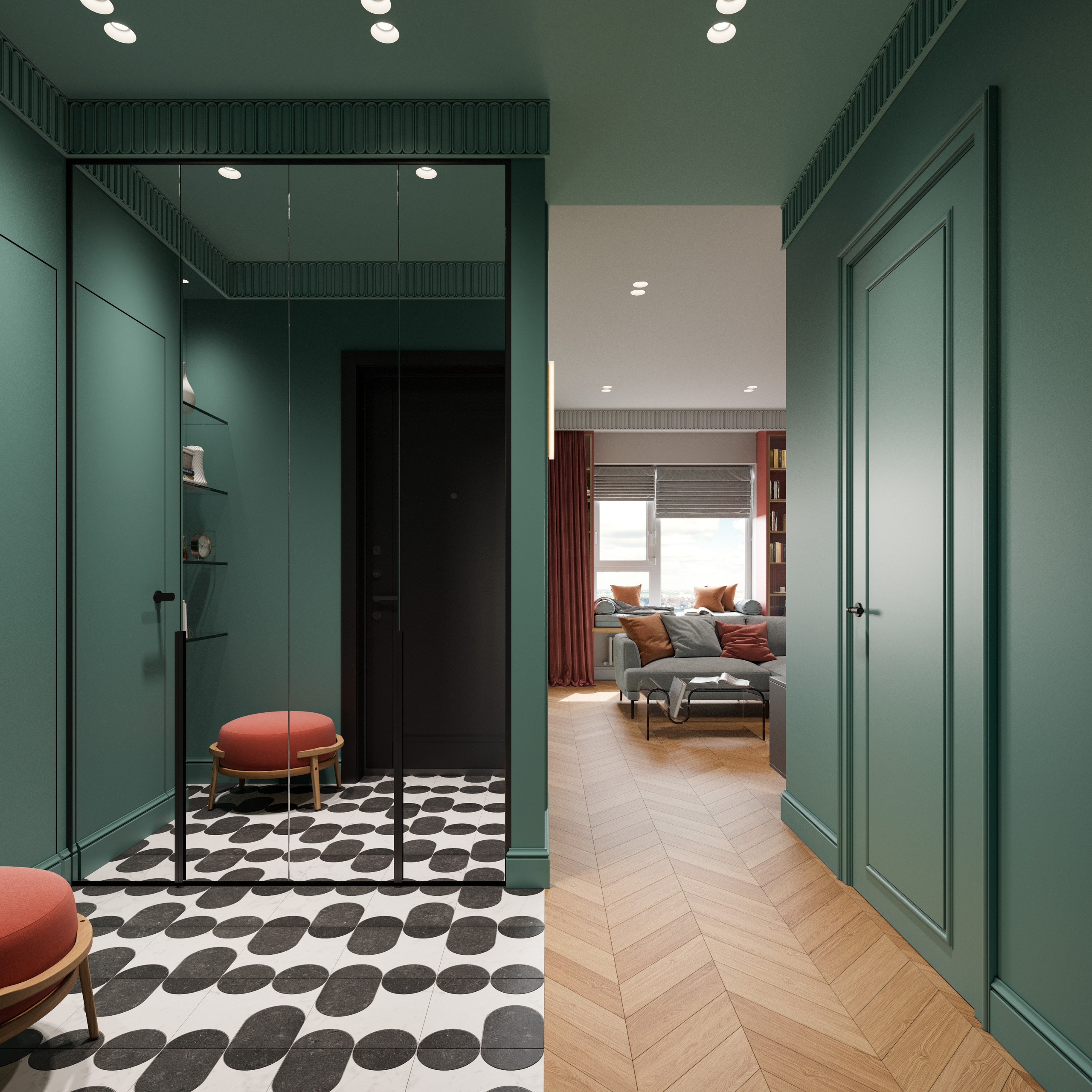 Минималистичная прихожая с элементами классики: лепной каринз и зеленый стены