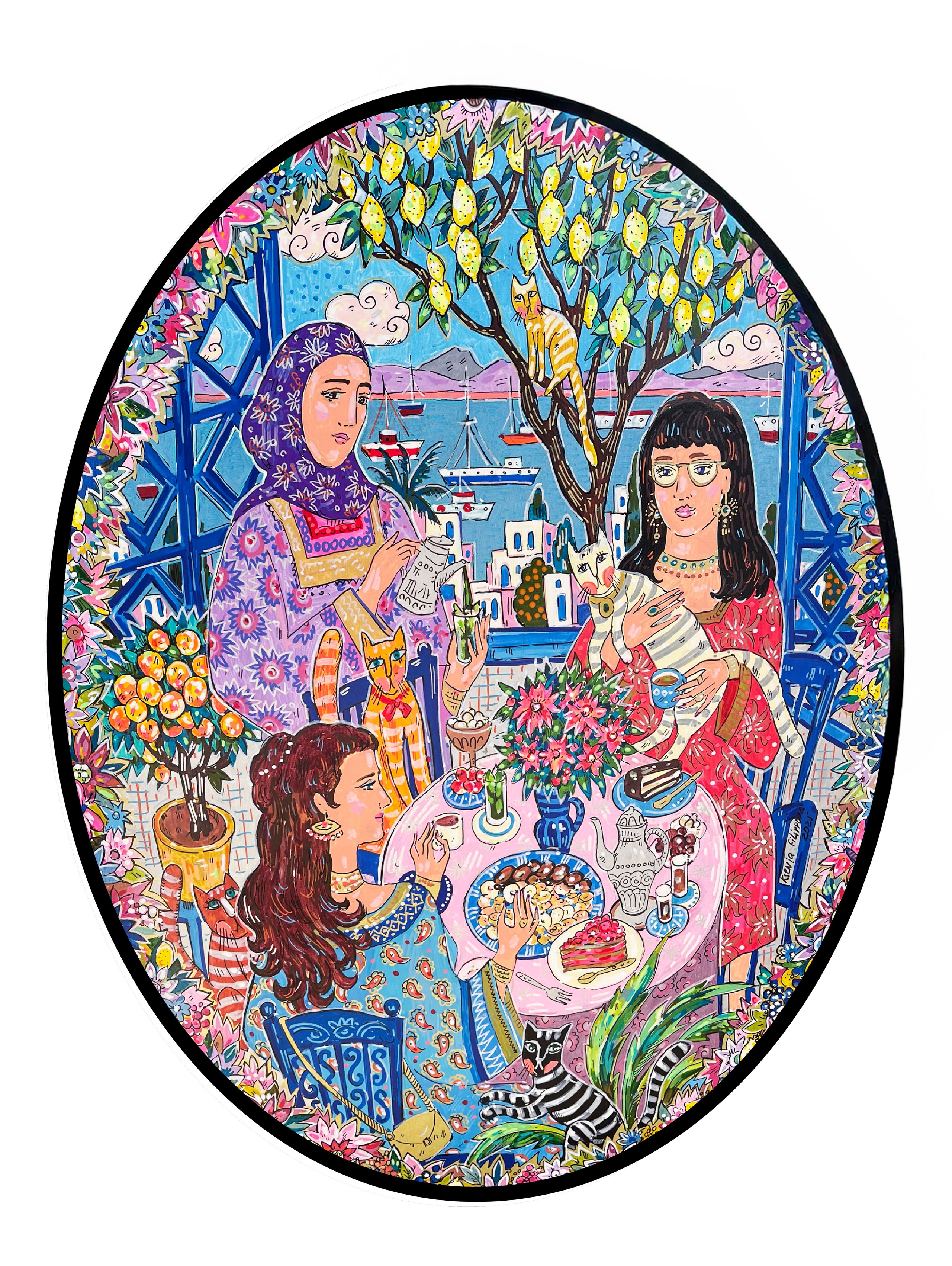 Women’s Tea Gathering in Sidi Bou Saïd, acrylic markers and ink on canvas, 40 × 30 cm (oval), 2025