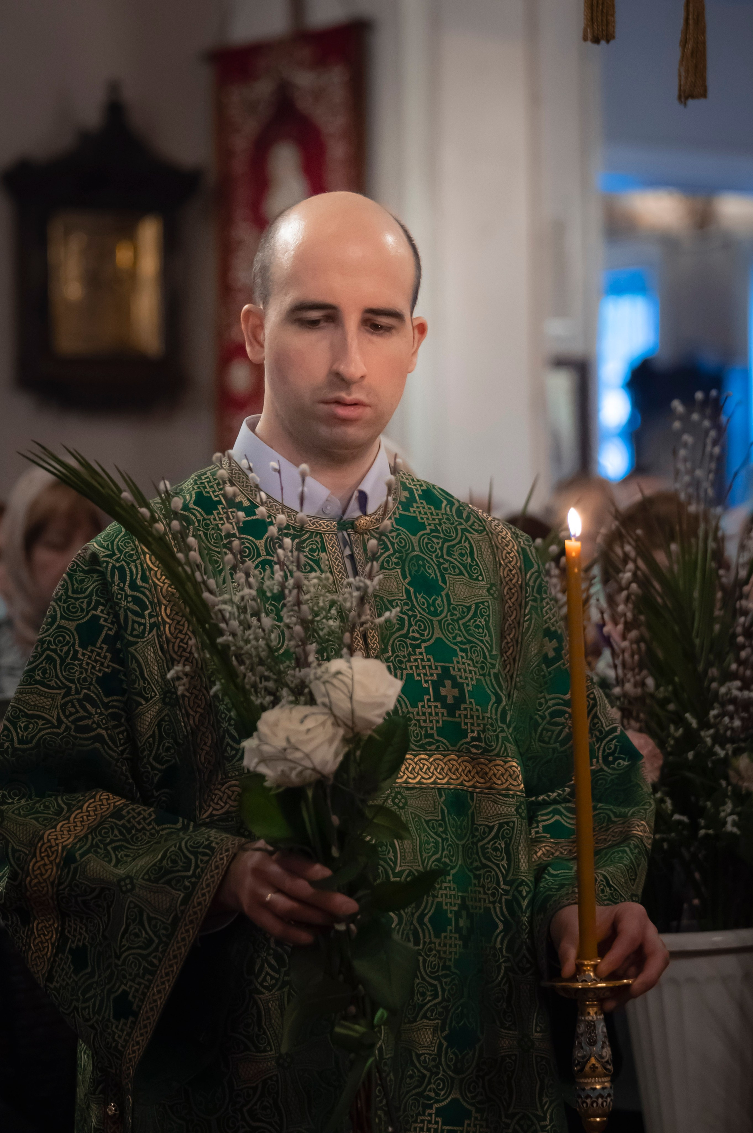 Богородский Храм. Всенощное бдение. Освящение верб. Антон и Татьяна Денисенко — В храме