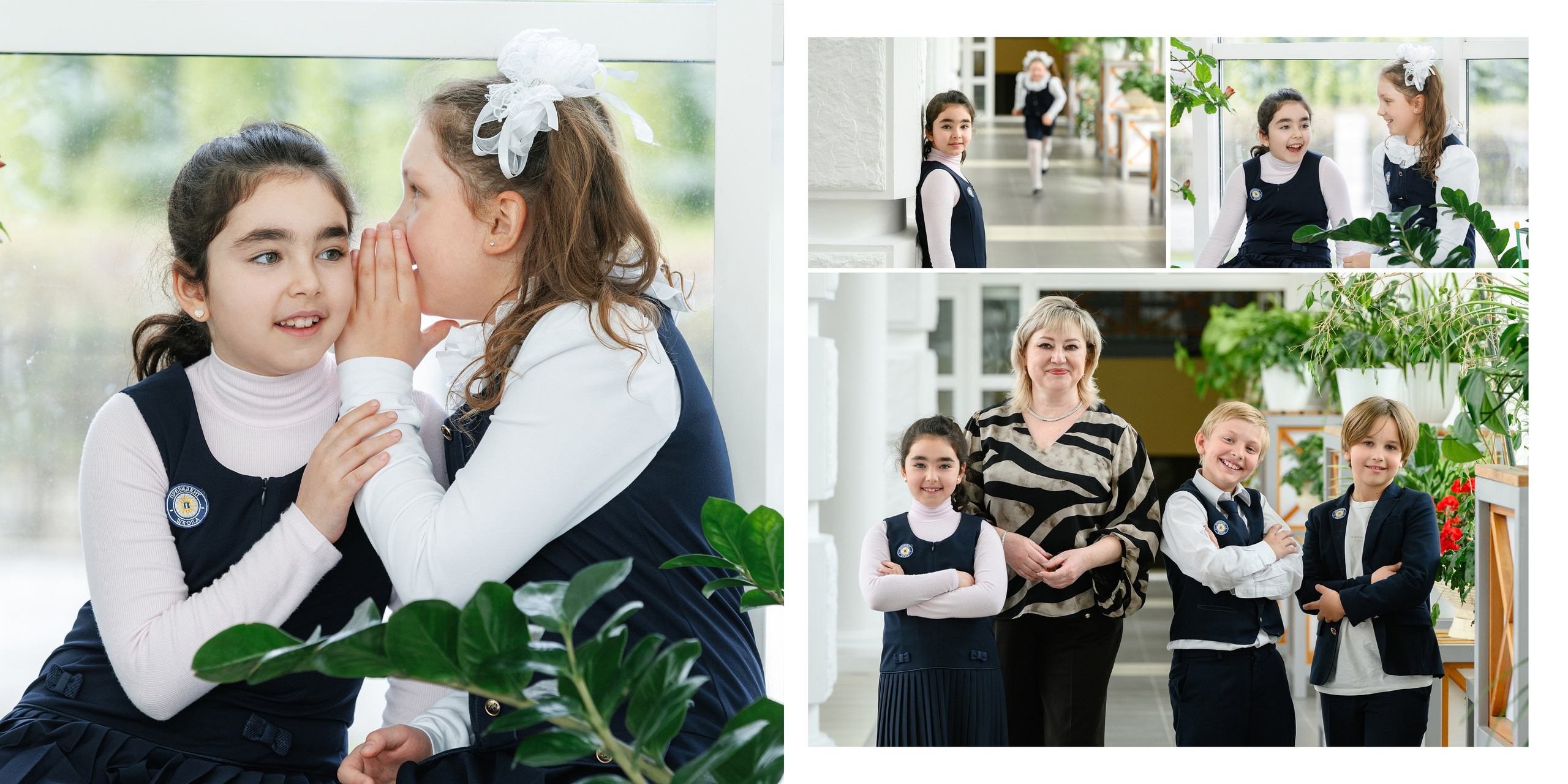 Разворот фотокниги: девочки-одноклассницы обнимаются, рядом коллаж с общением и моментами в школе. 