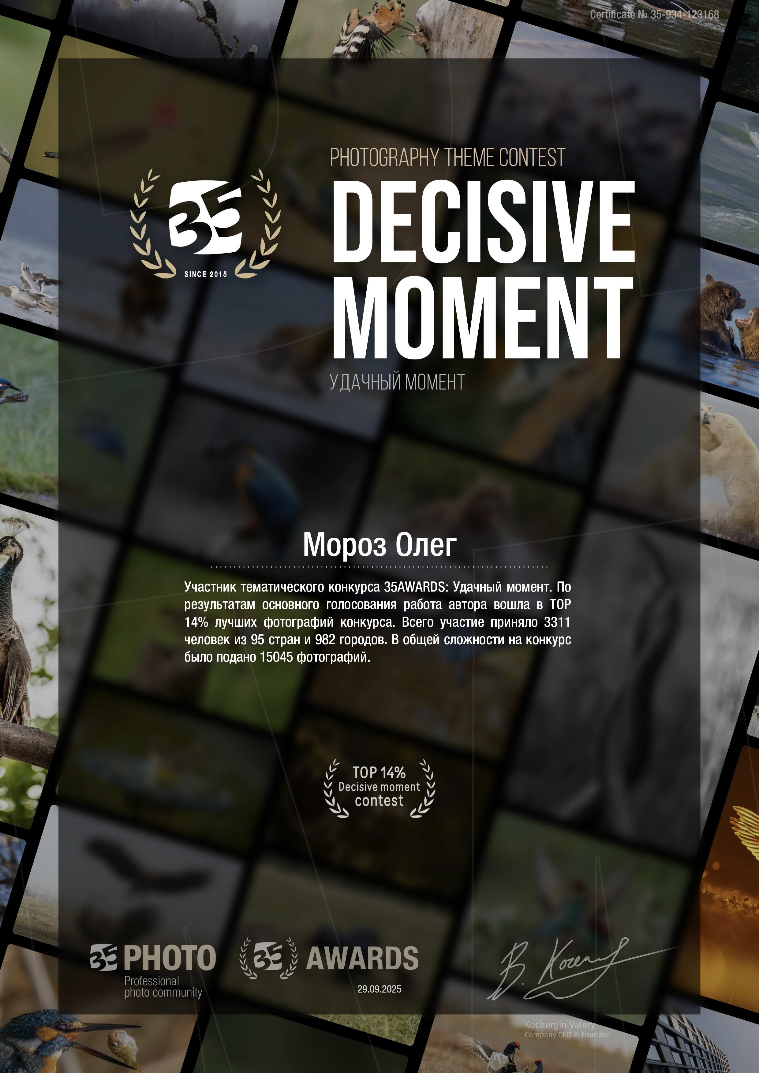 Диплом за топ 15% в конкурсе "Удачный момент" на 35awards в 2025 году