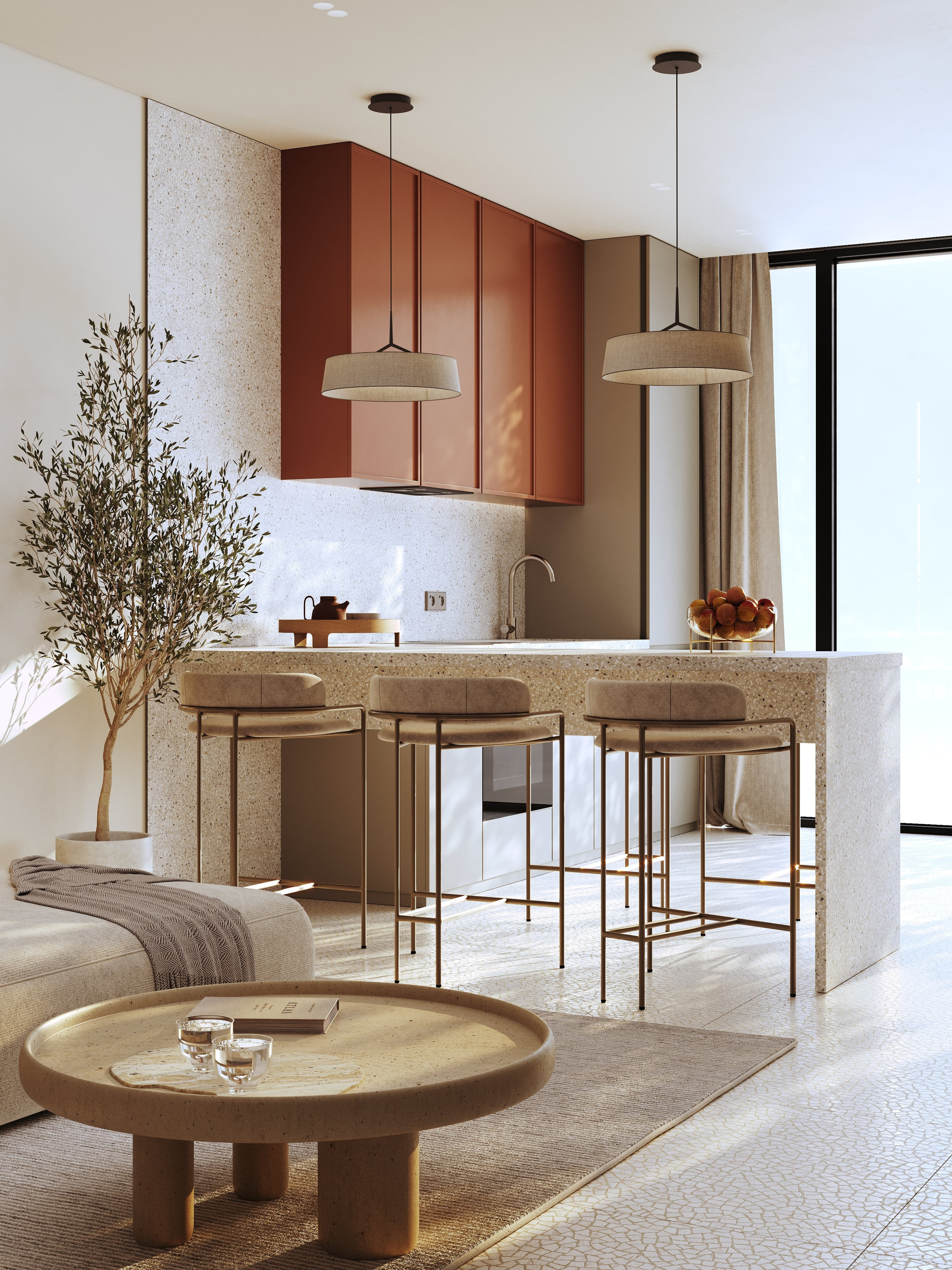 визуализация кухни  в нежных тонах  в сером минималистичном современном  стиле на Бали 